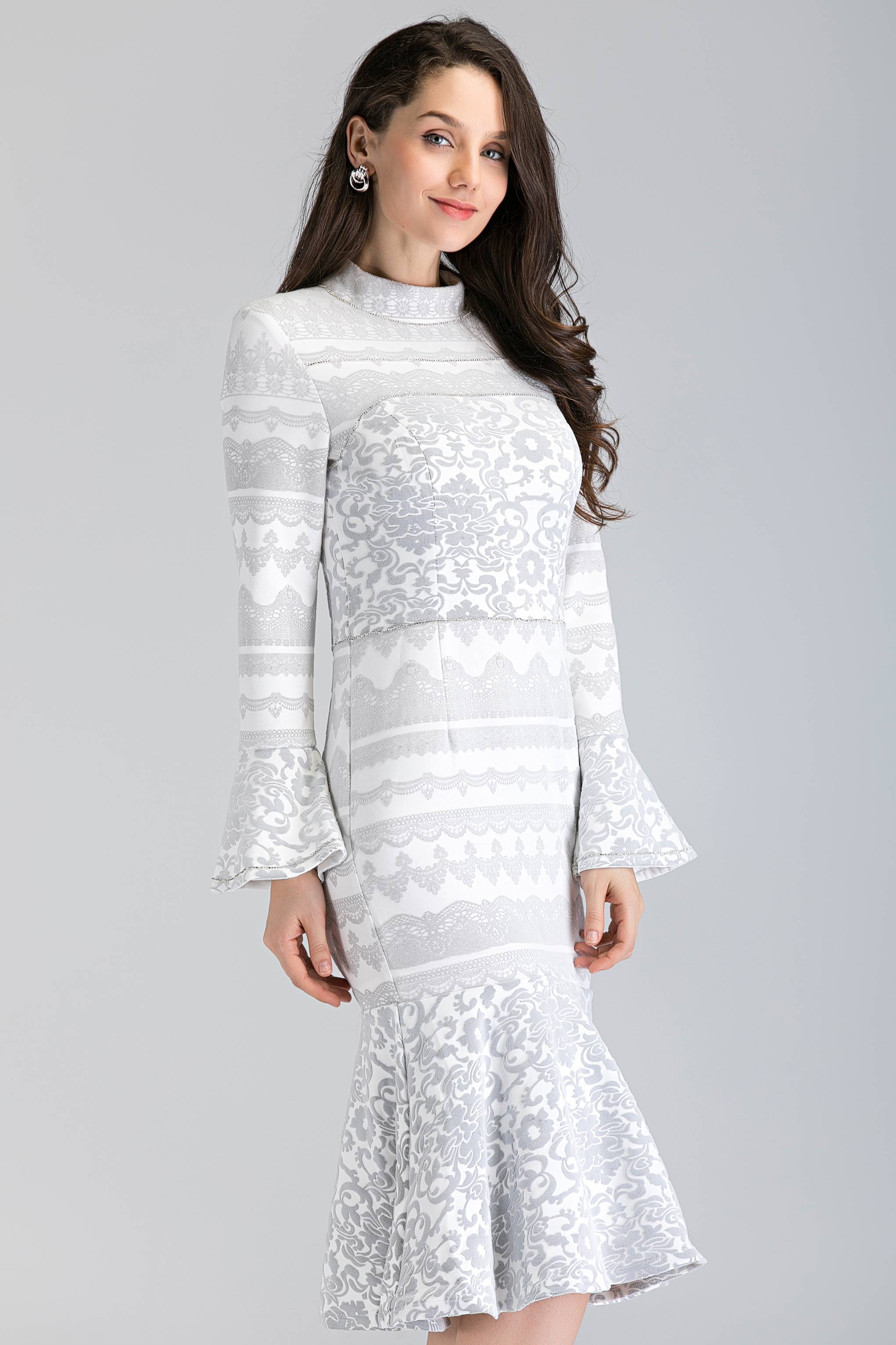 White Fleurdelis Trumpet Midi Dress - ownthelooks-Development