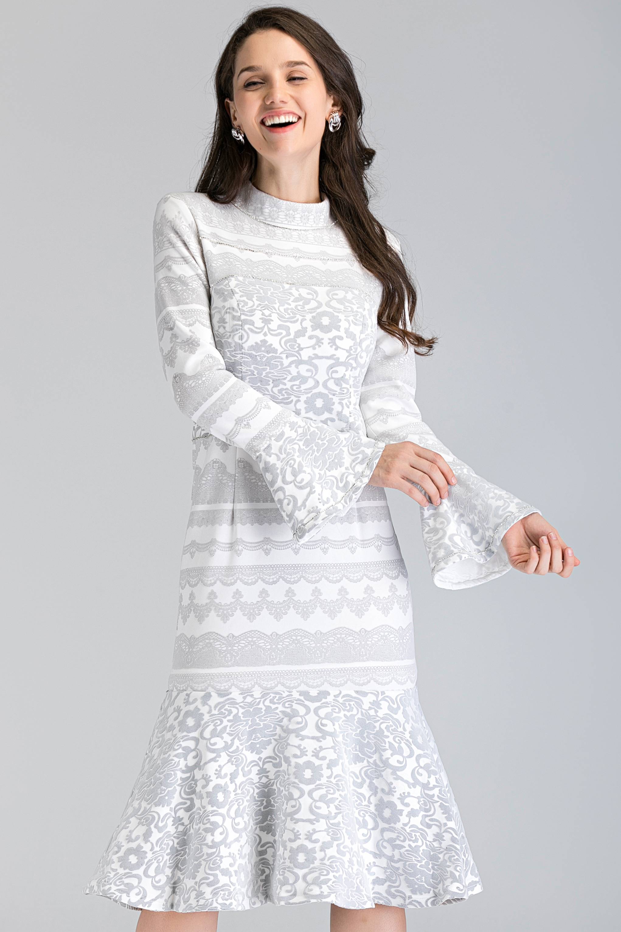 White Fleurdelis Trumpet Midi Dress - ownthelooks-Development