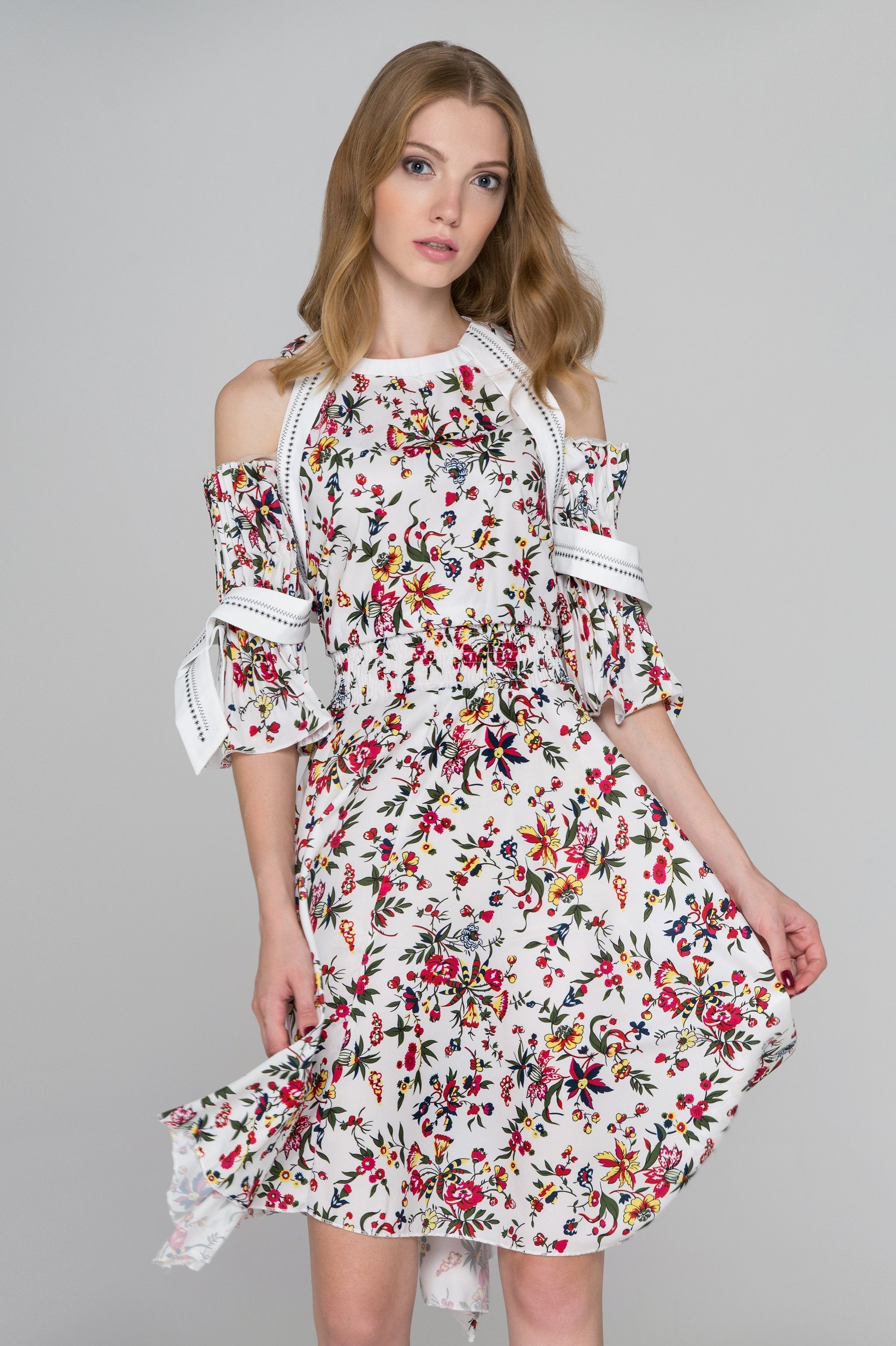 White Floral Print Pleated Sleeves Cold Shoulder Midi Dress - ownthelooks-Development