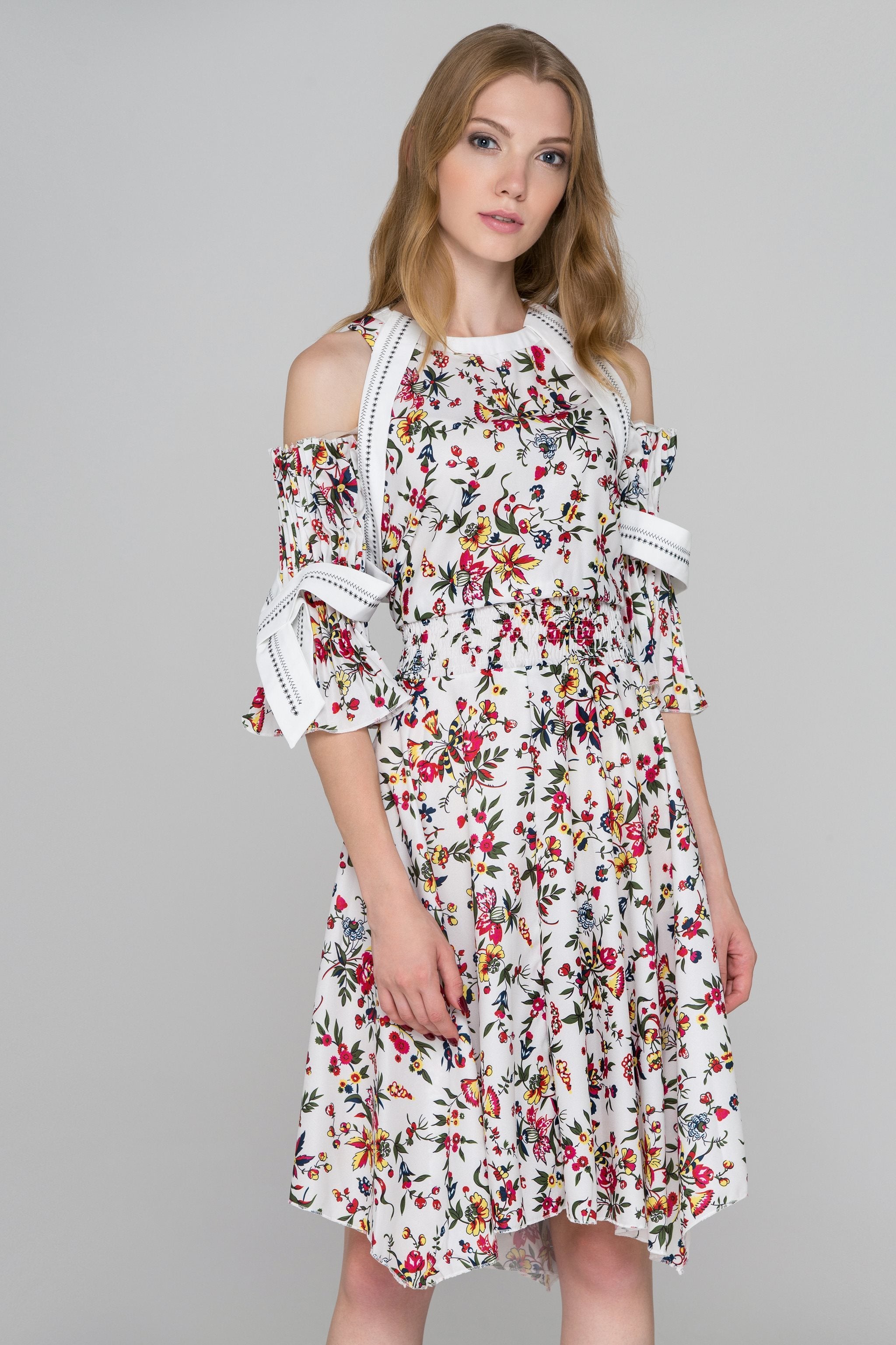 White Floral Print Pleated Sleeves Cold Shoulder Midi Dress - ownthelooks-Development