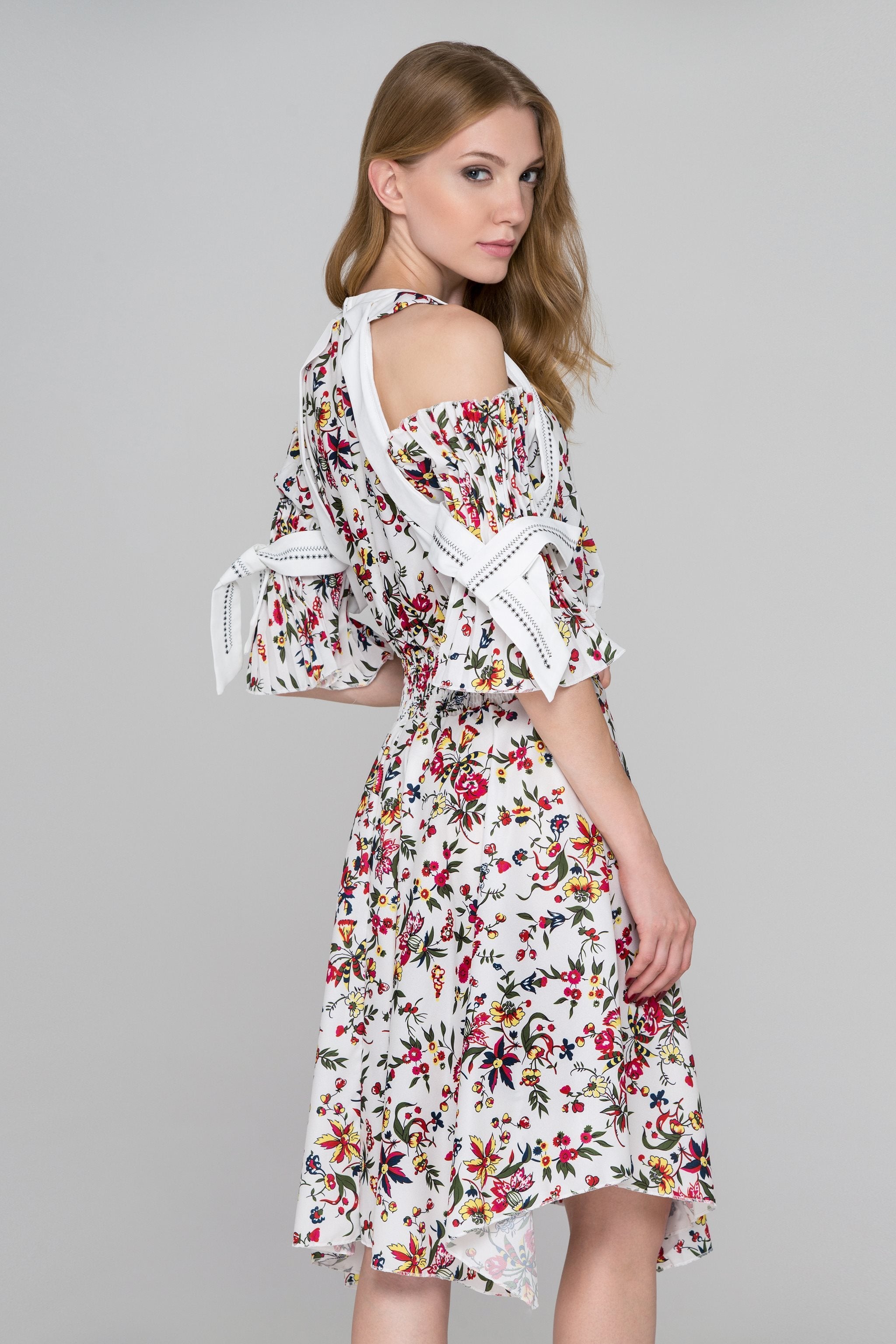 White Floral Print Pleated Sleeves Cold Shoulder Midi Dress - ownthelooks-Development