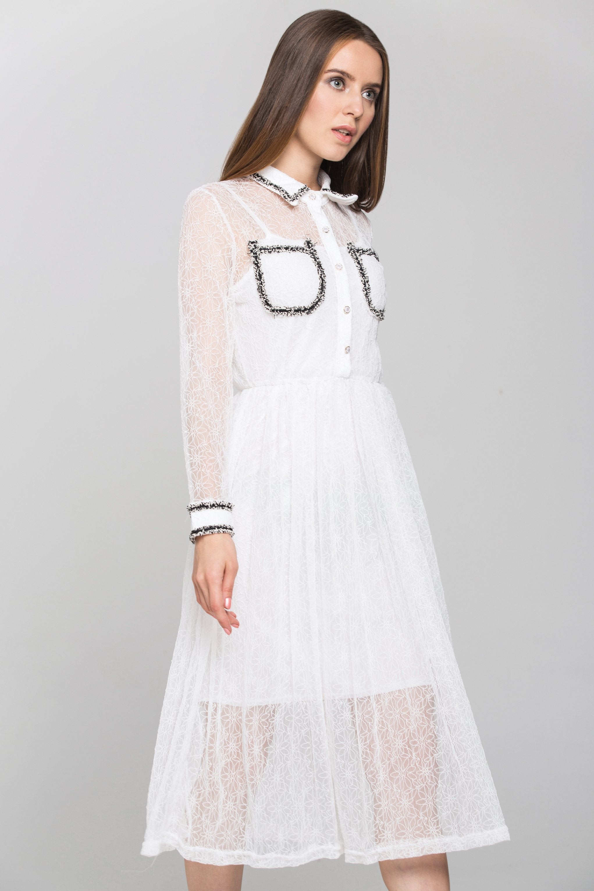 White Floral Sheer Sleeved Midi Dress - ownthelooks-Development