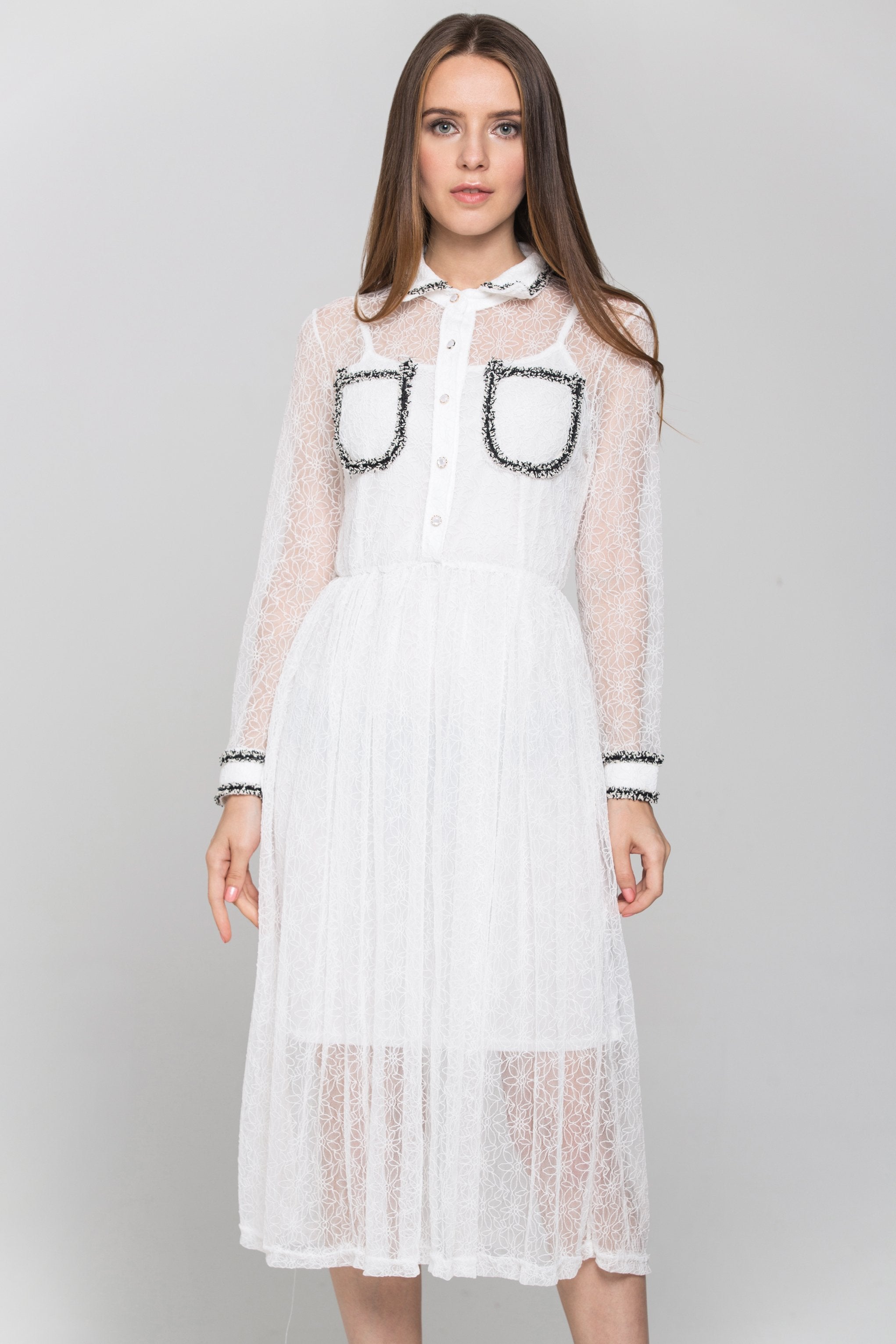 White Floral Sheer Sleeved Midi Dress - ownthelooks-Development