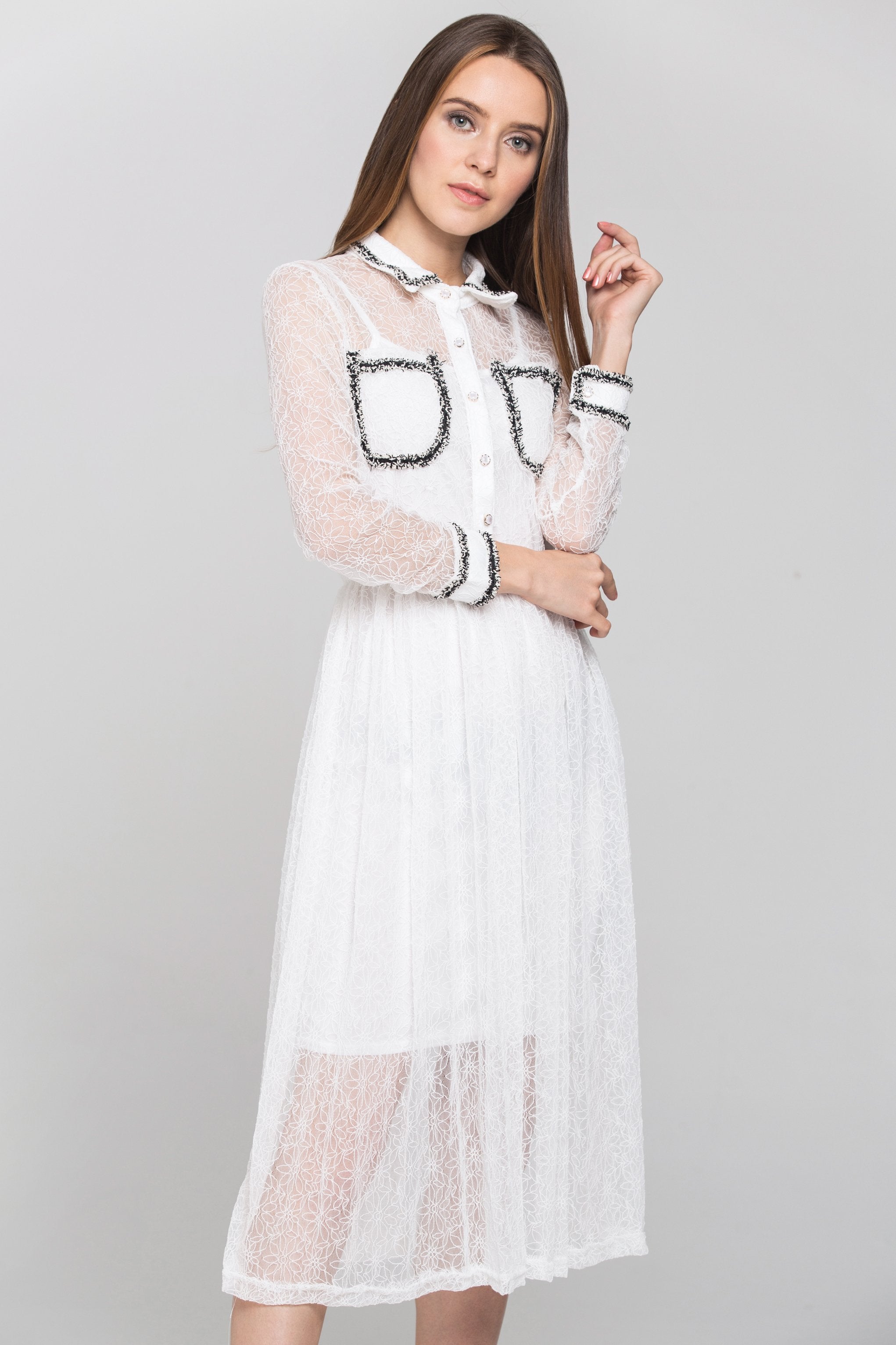 White Floral Sheer Sleeved Midi Dress - ownthelooks-Development