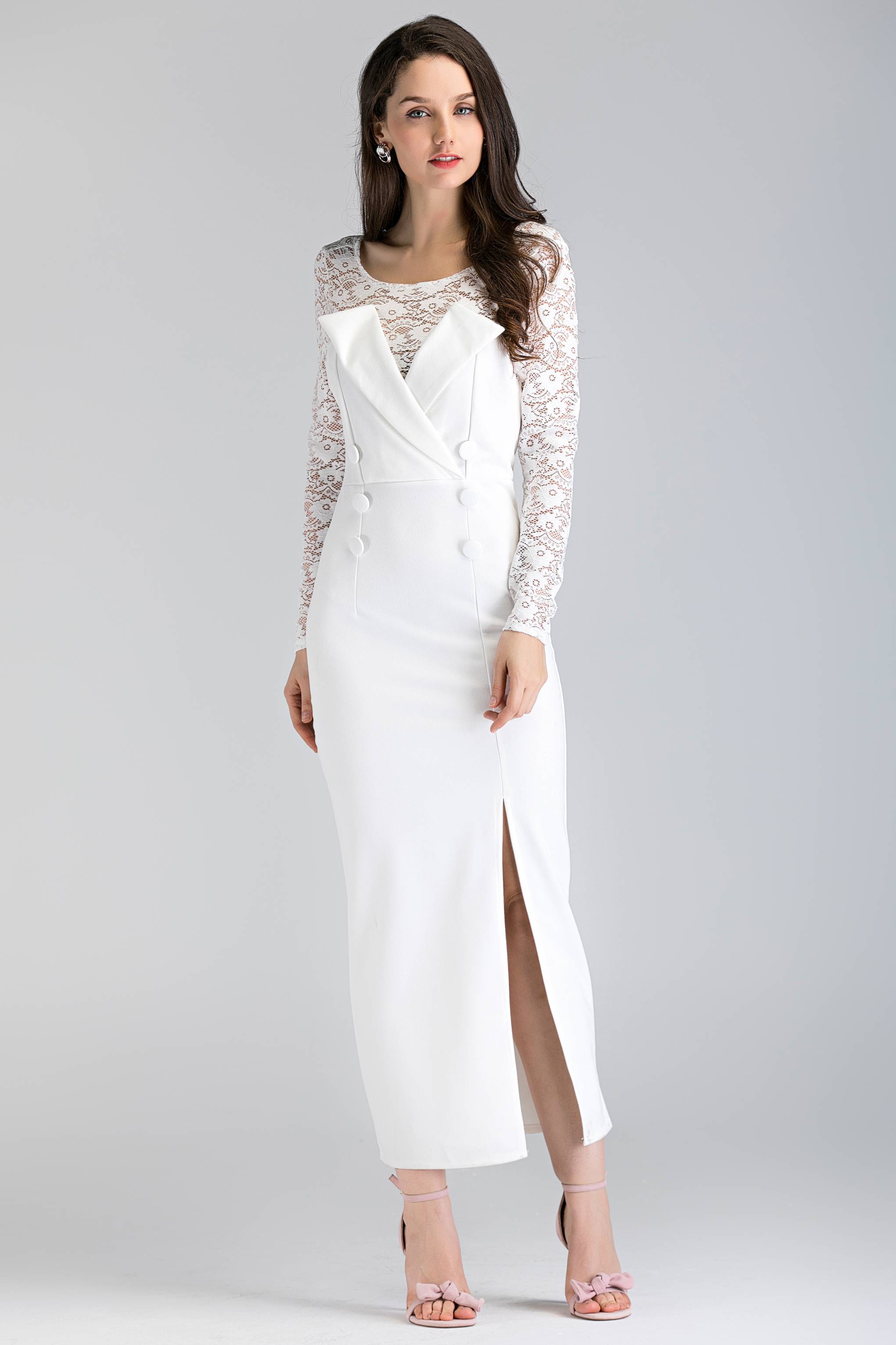 Black Lace Sleeve Double Button Midi Dress - ownthelooks-Development