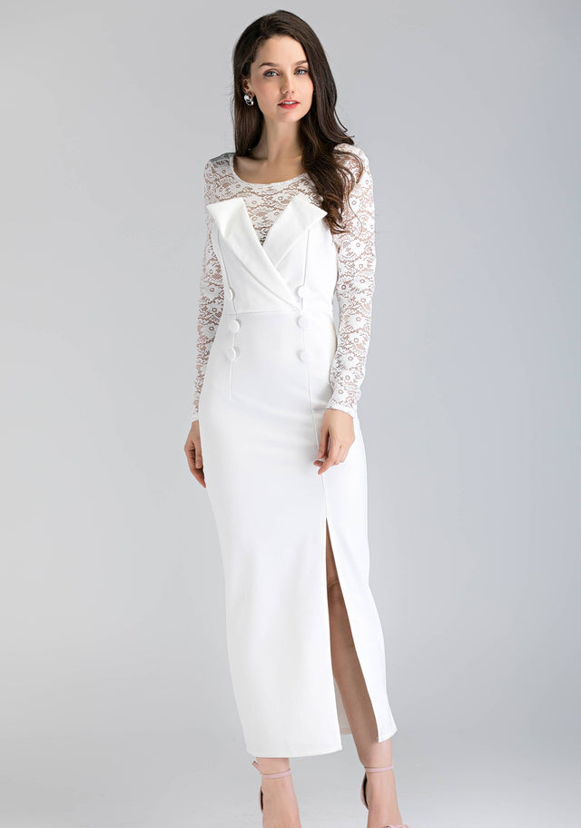 Black Lace Sleeve Double Button Midi Dress - ownthelooks-Development