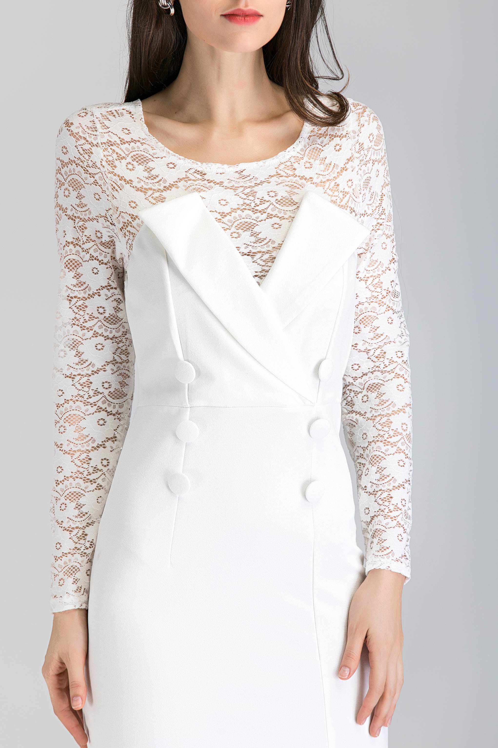 White Lace Sleeve Double Button Maxi Dress - ownthelooks-Development