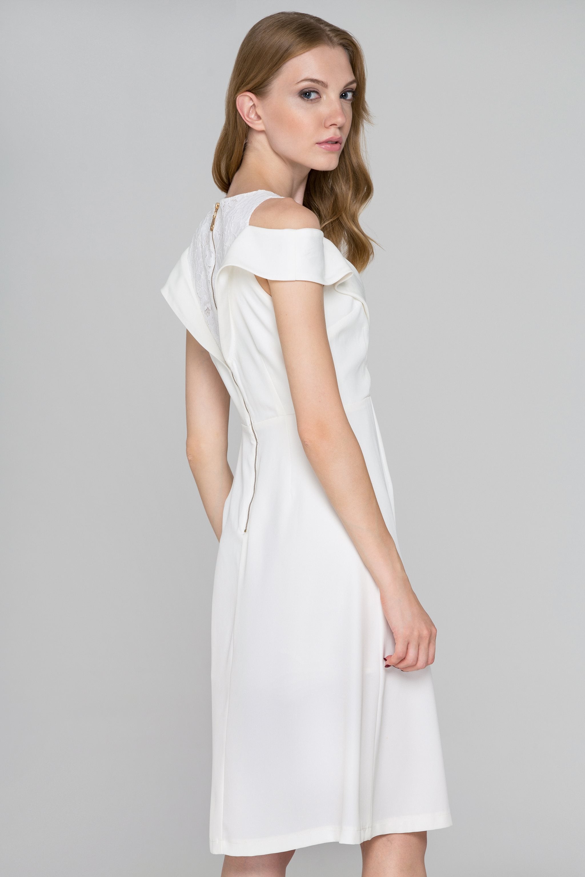 White Lapel Lace Cold Shoulder Midi Dress - ownthelooks-Development