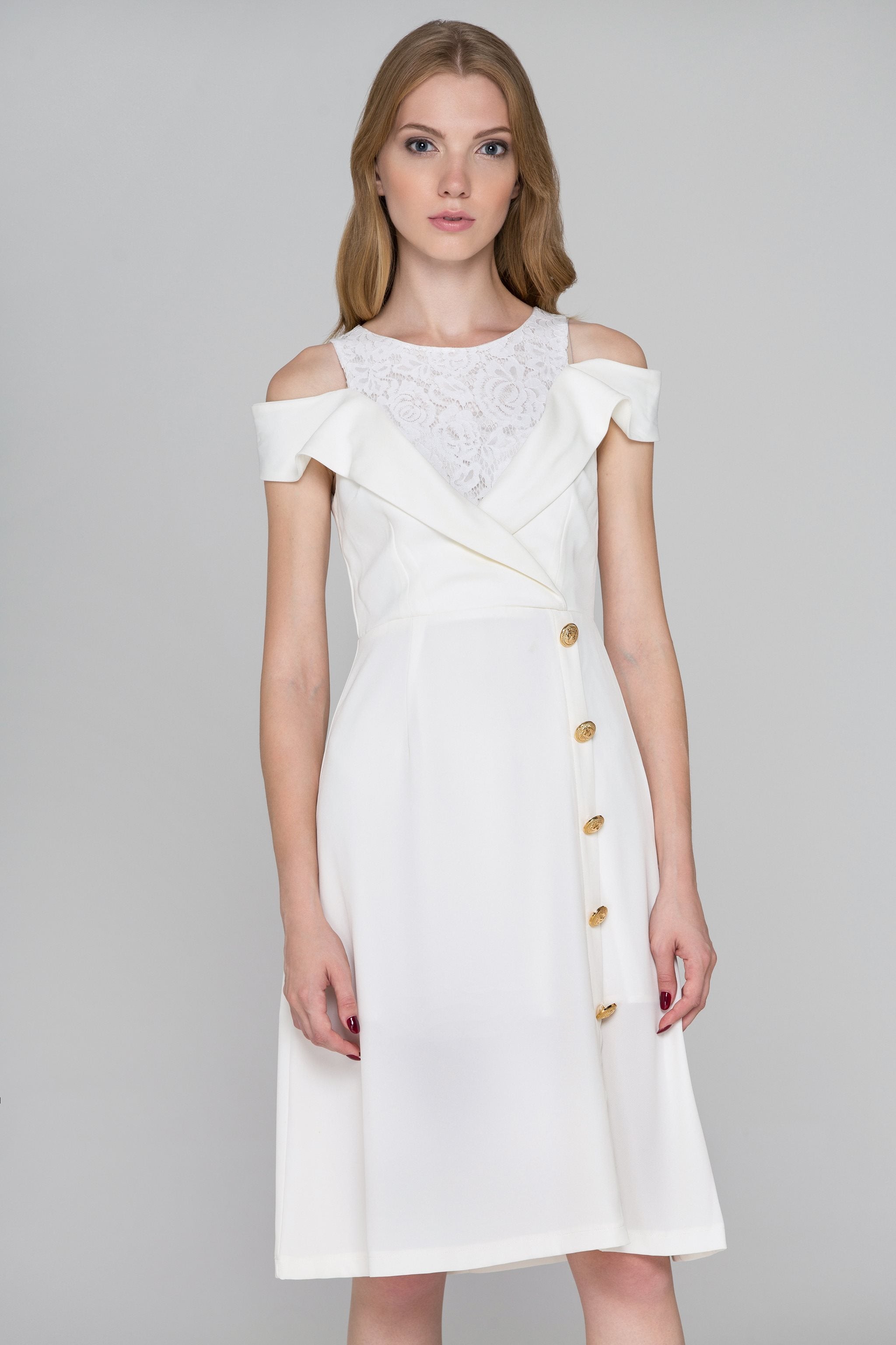 White Lapel Lace Cold Shoulder Midi Dress - ownthelooks-Development