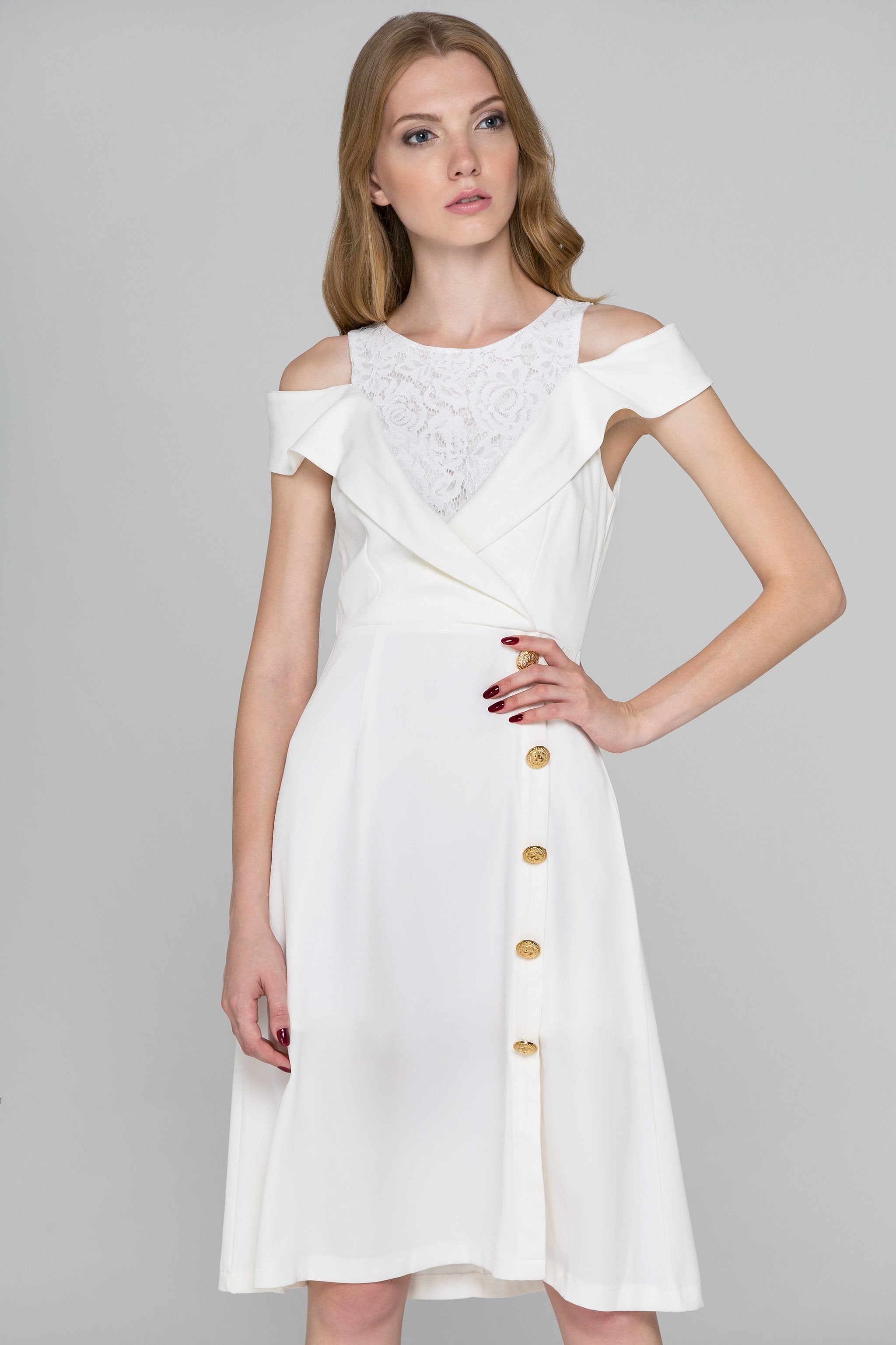 White Lapel Lace Cold Shoulder Midi Dress - ownthelooks-Development