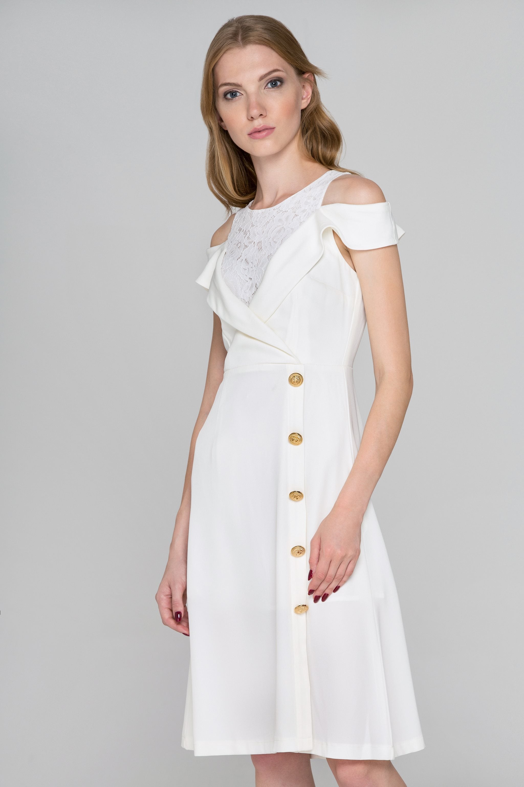 White Lapel Lace Cold Shoulder Midi Dress - ownthelooks-Development