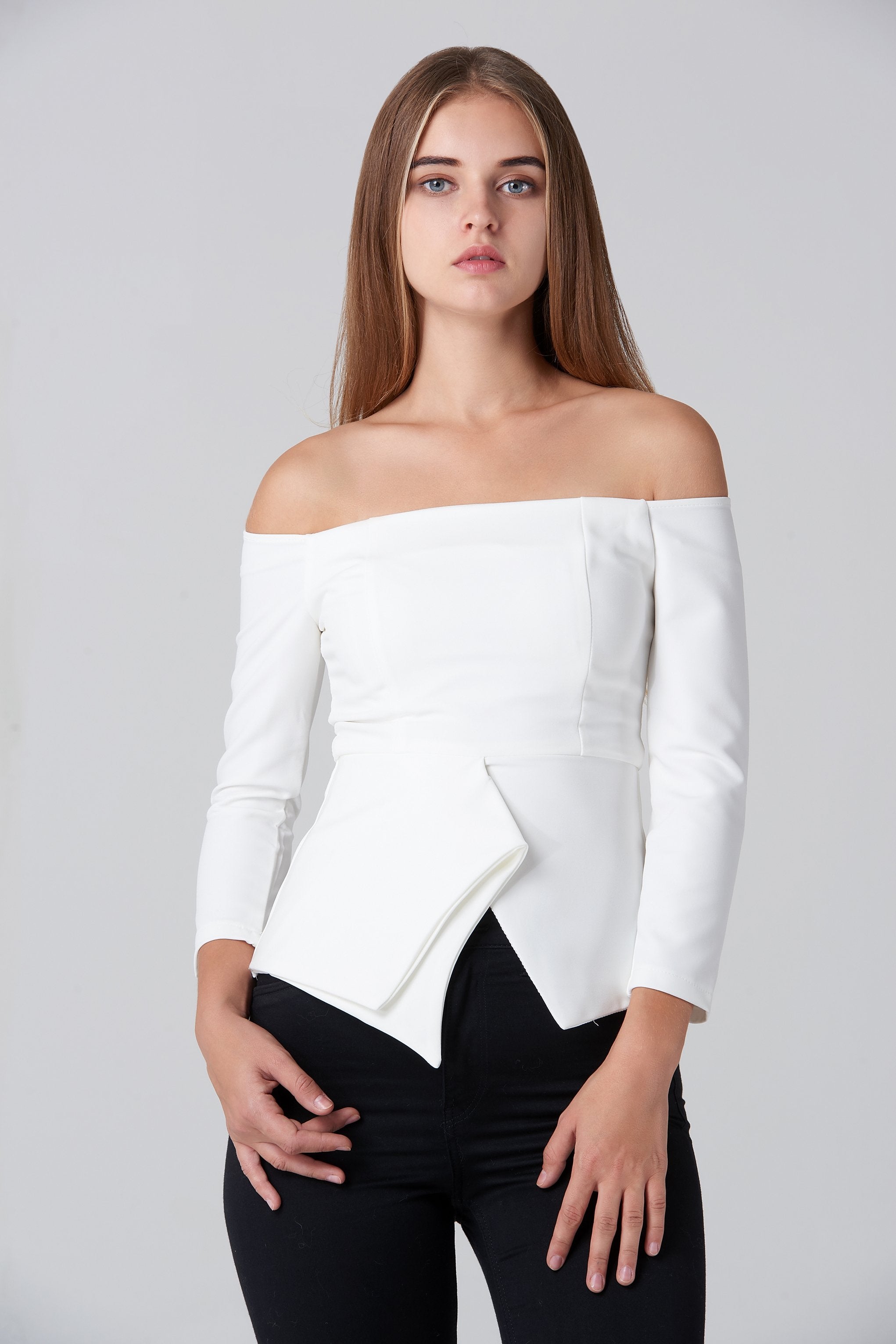 White Off Shoulder Flare Hem Top - ownthelooks-Development