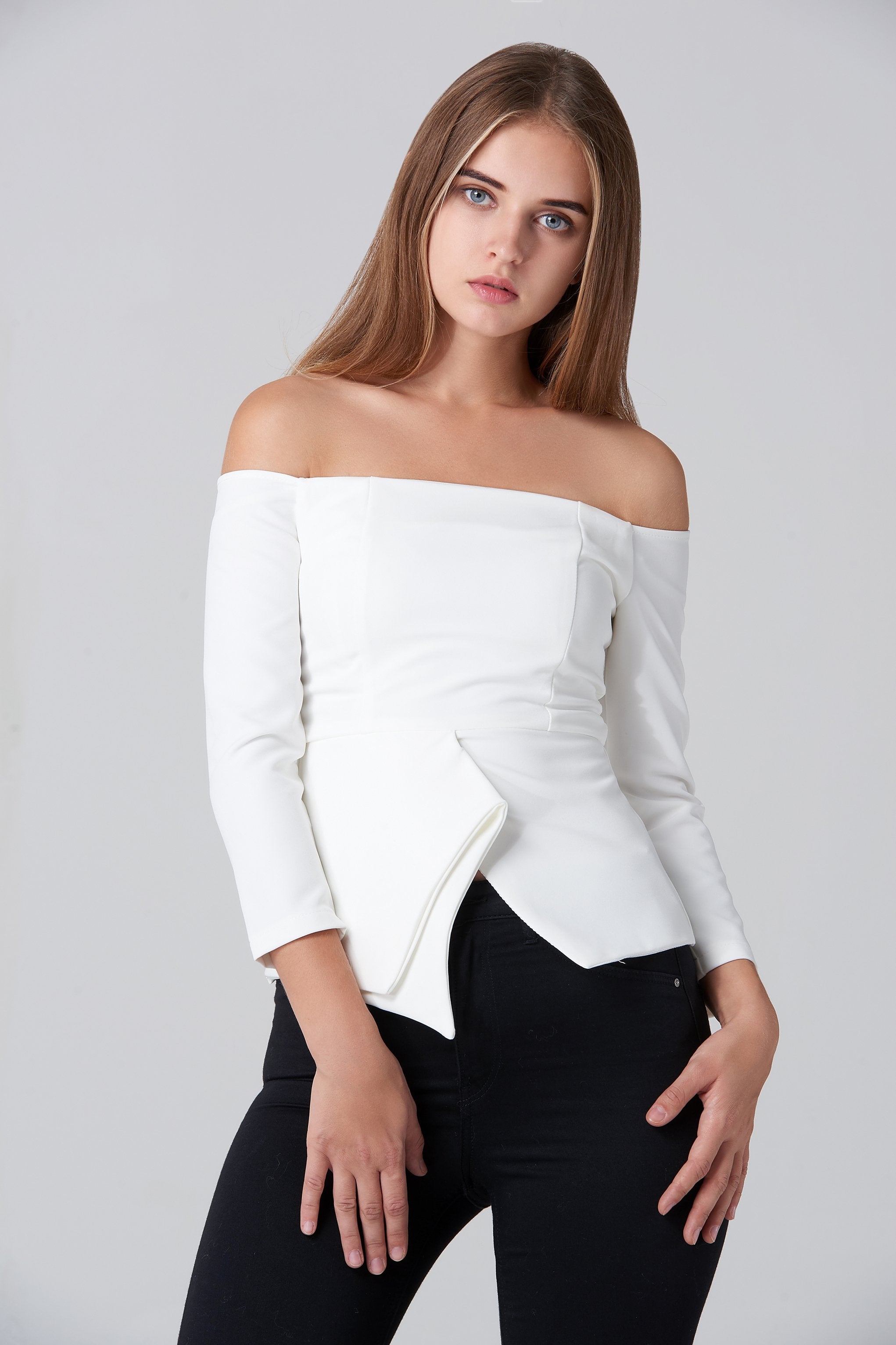 White Off Shoulder Flare Hem Top - ownthelooks-Development