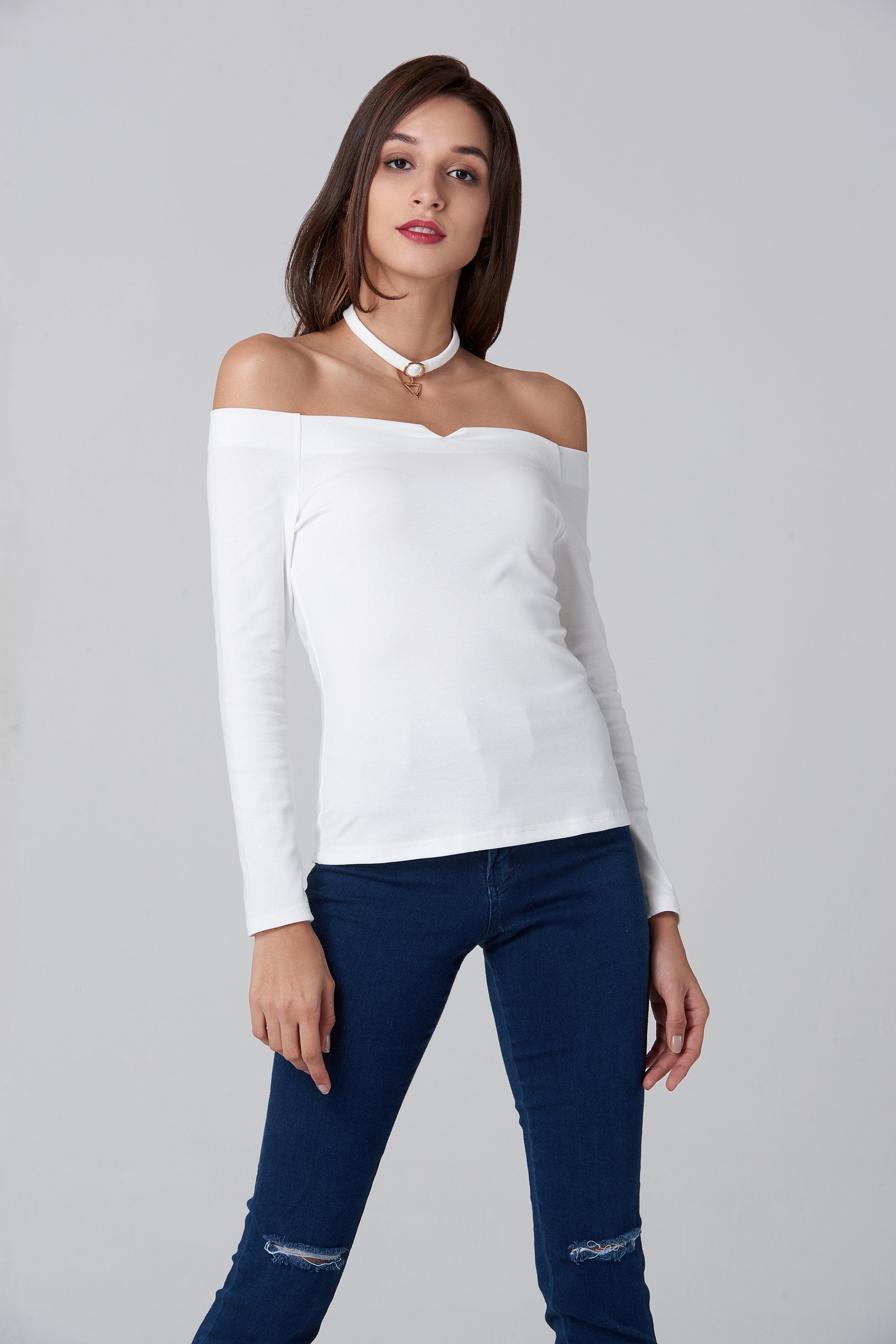 White Off the Shoulder Prism Choker Top - ownthelooks-Development