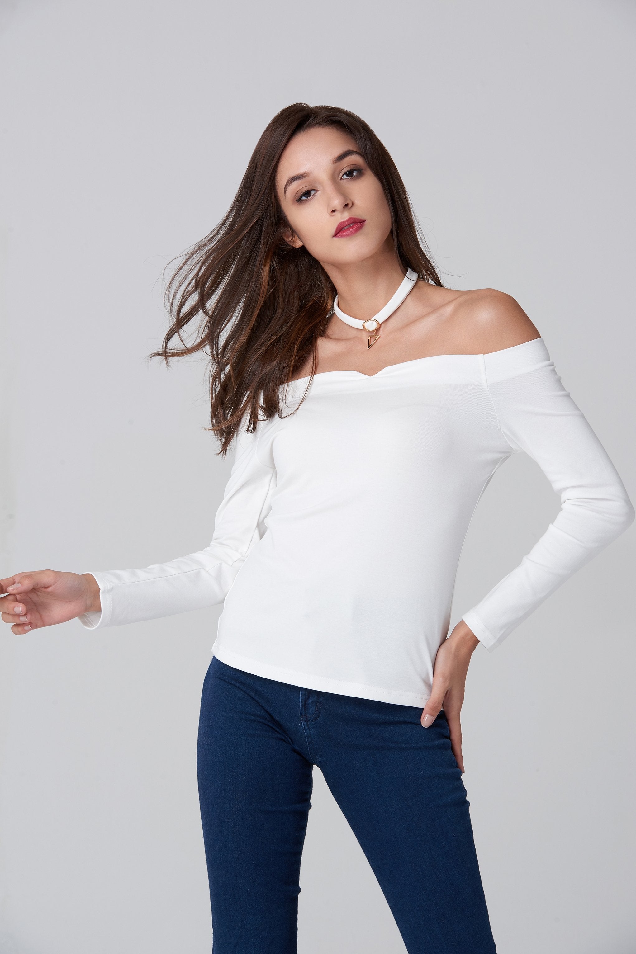 White Off the Shoulder Prism Choker Top - ownthelooks-Development