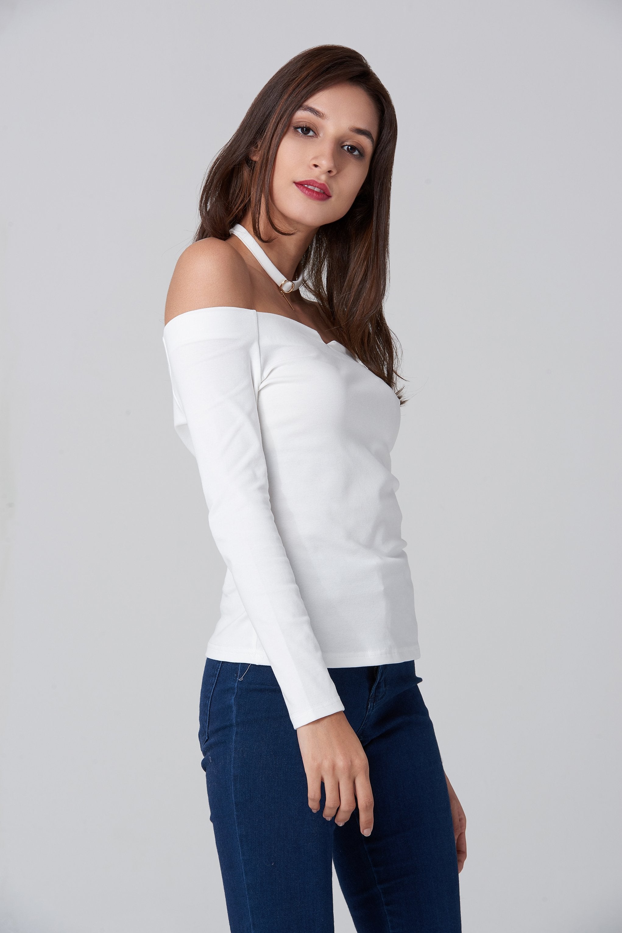 White Off the Shoulder Prism Choker Top - ownthelooks-Development