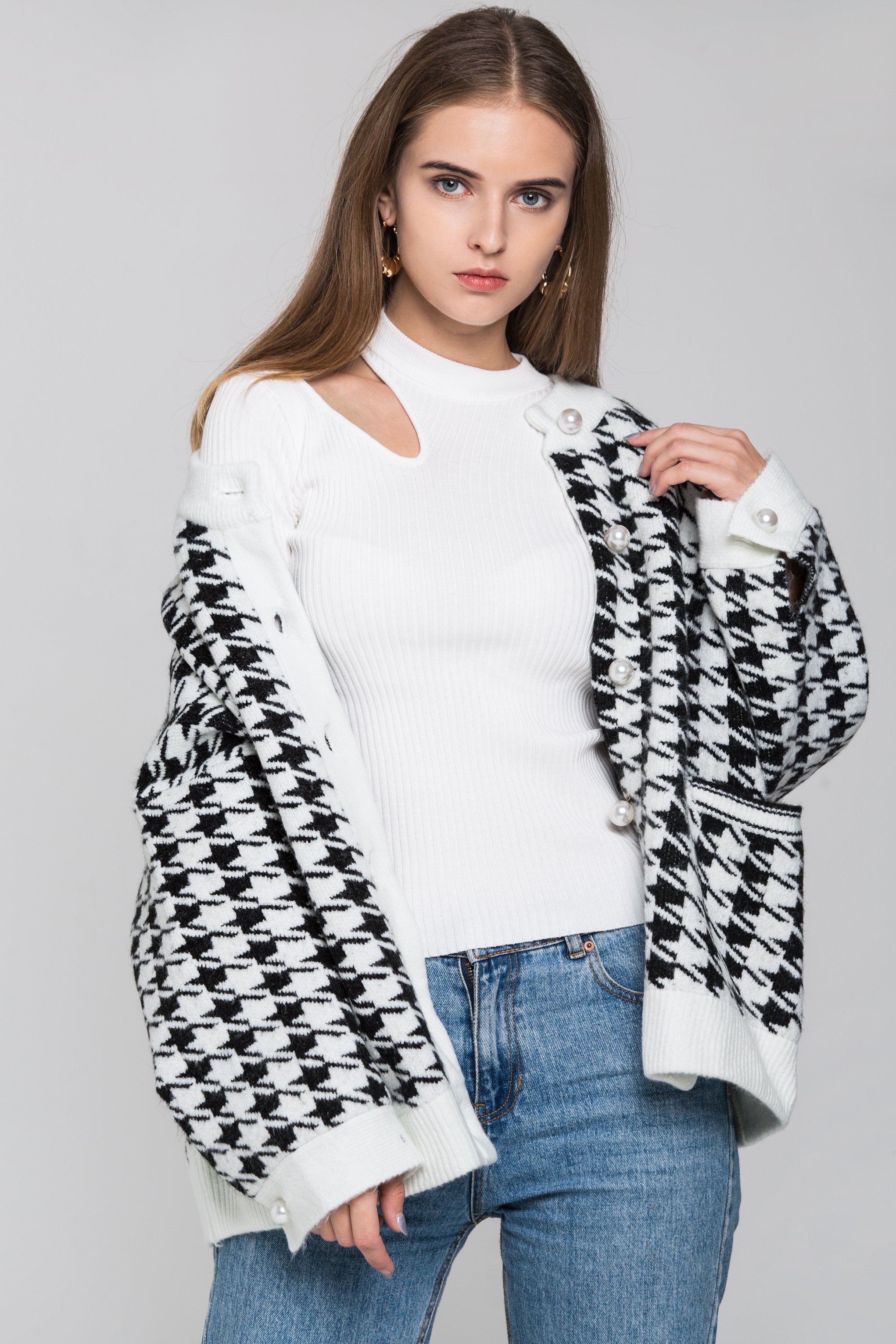 White Pearl Button Houndstooth Over Sized Cardigan - ownthelooks-Development