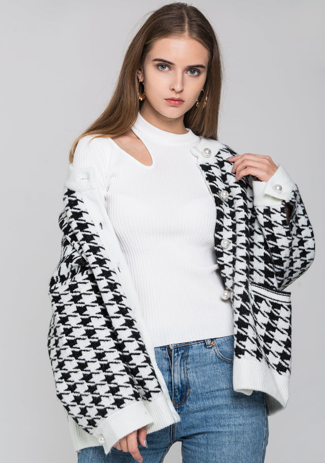 White Pearl Button Houndstooth Over Sized Cardigan - ownthelooks-Development