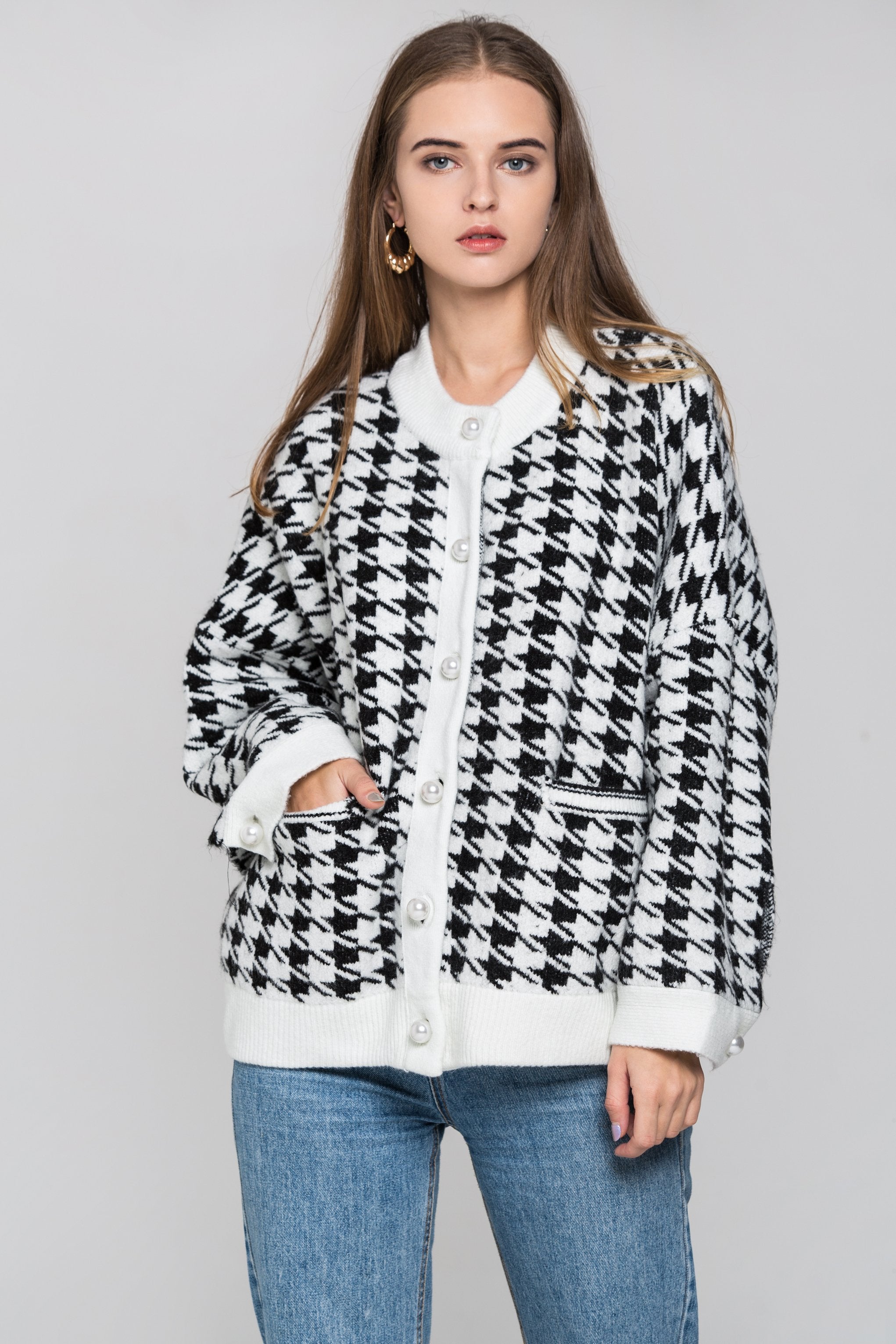 White Pearl Button Houndstooth Over Sized Cardigan - ownthelooks-Development