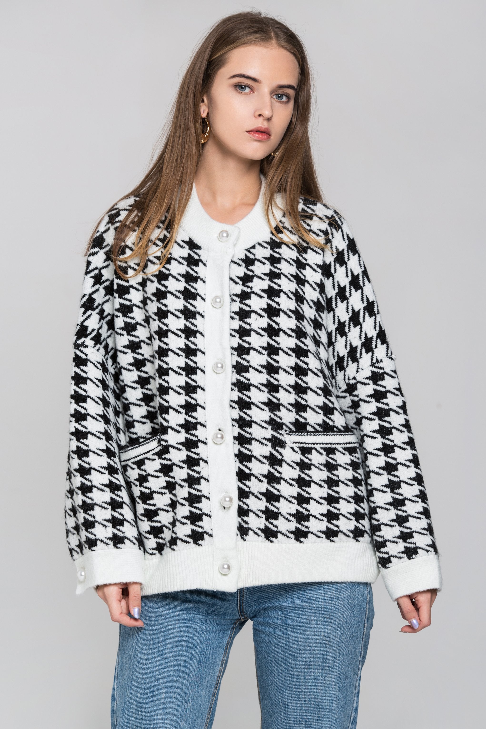 White Pearl Button Houndstooth Over Sized Cardigan - ownthelooks-Development