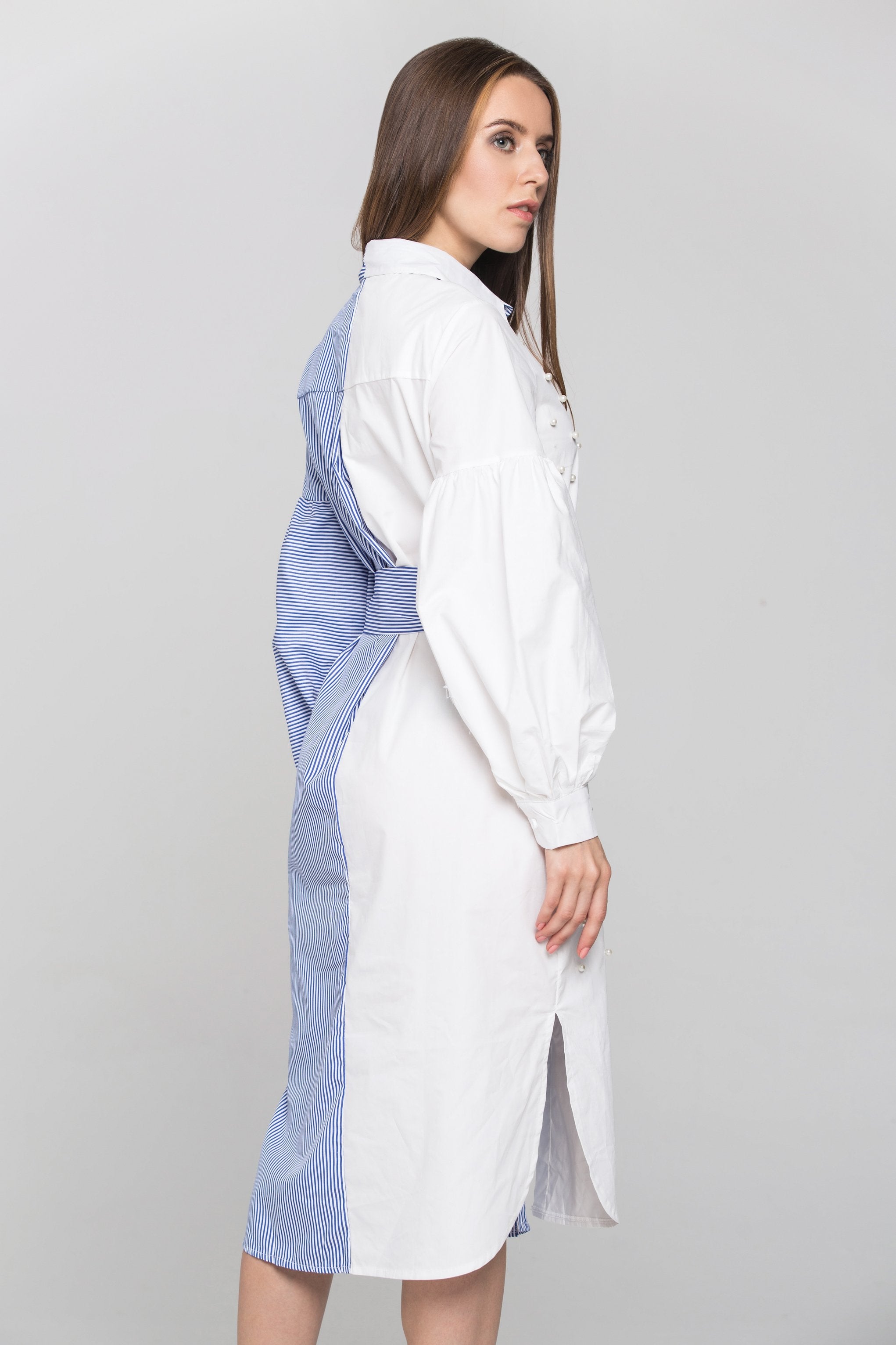 White Pearl Detail and Blue Candy Stripe Contrast Midi Dress - ownthelooks-Development