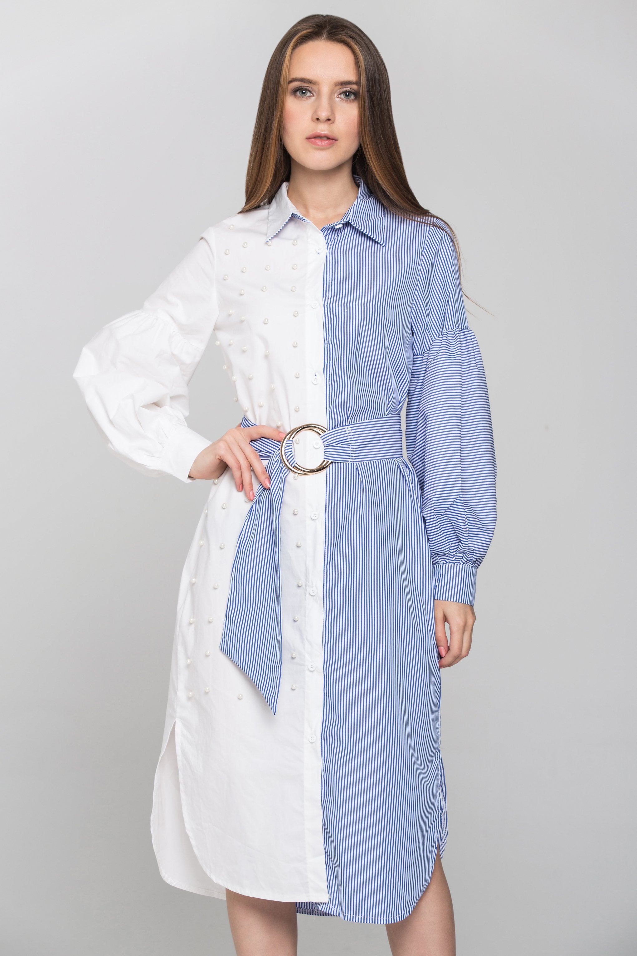 White Pearl Detail and Blue Candy Stripe Contrast Midi Dress - ownthelooks-Development