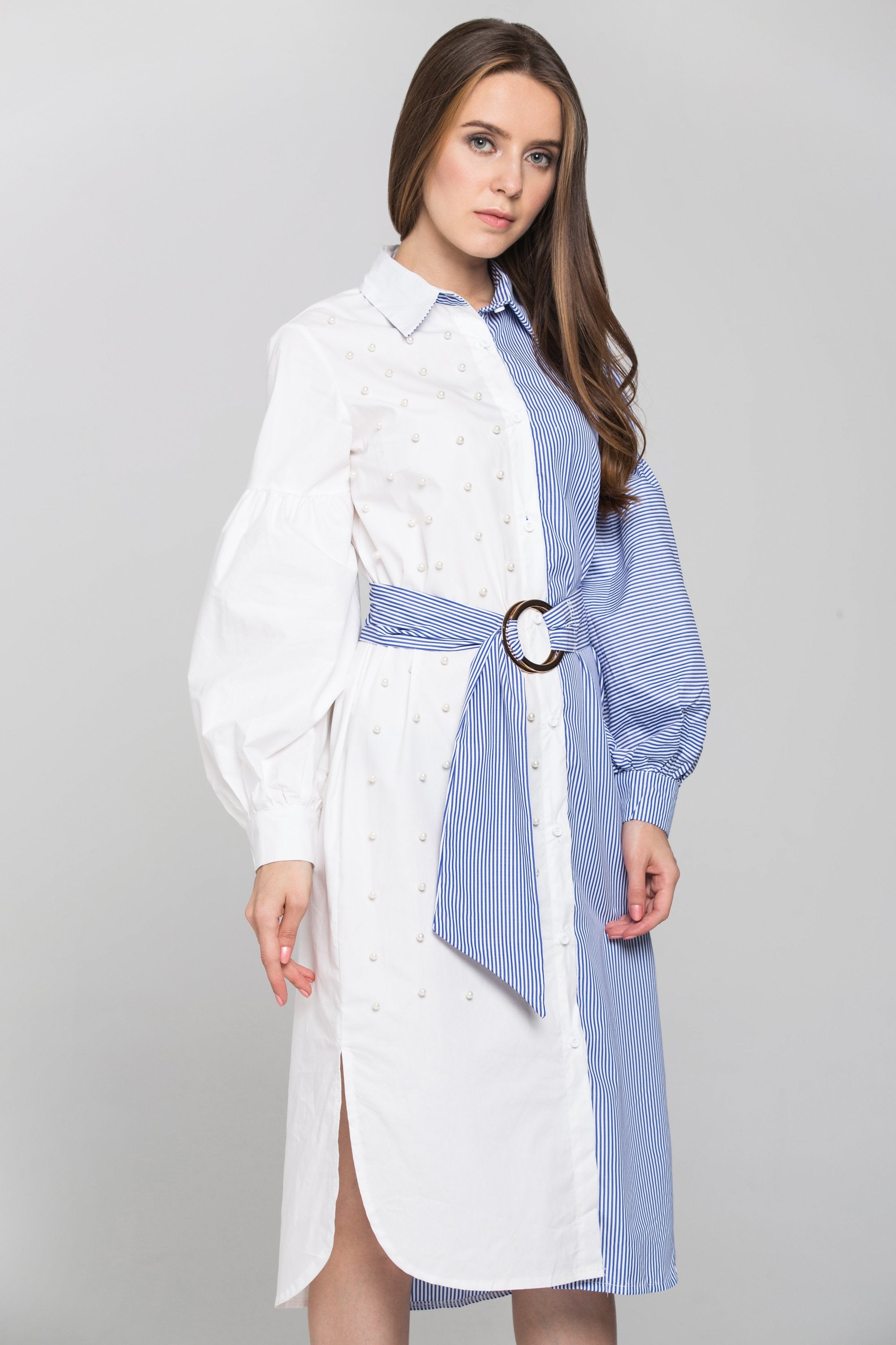 White Pearl Detail and Blue Candy Stripe Contrast Midi Dress - ownthelooks-Development