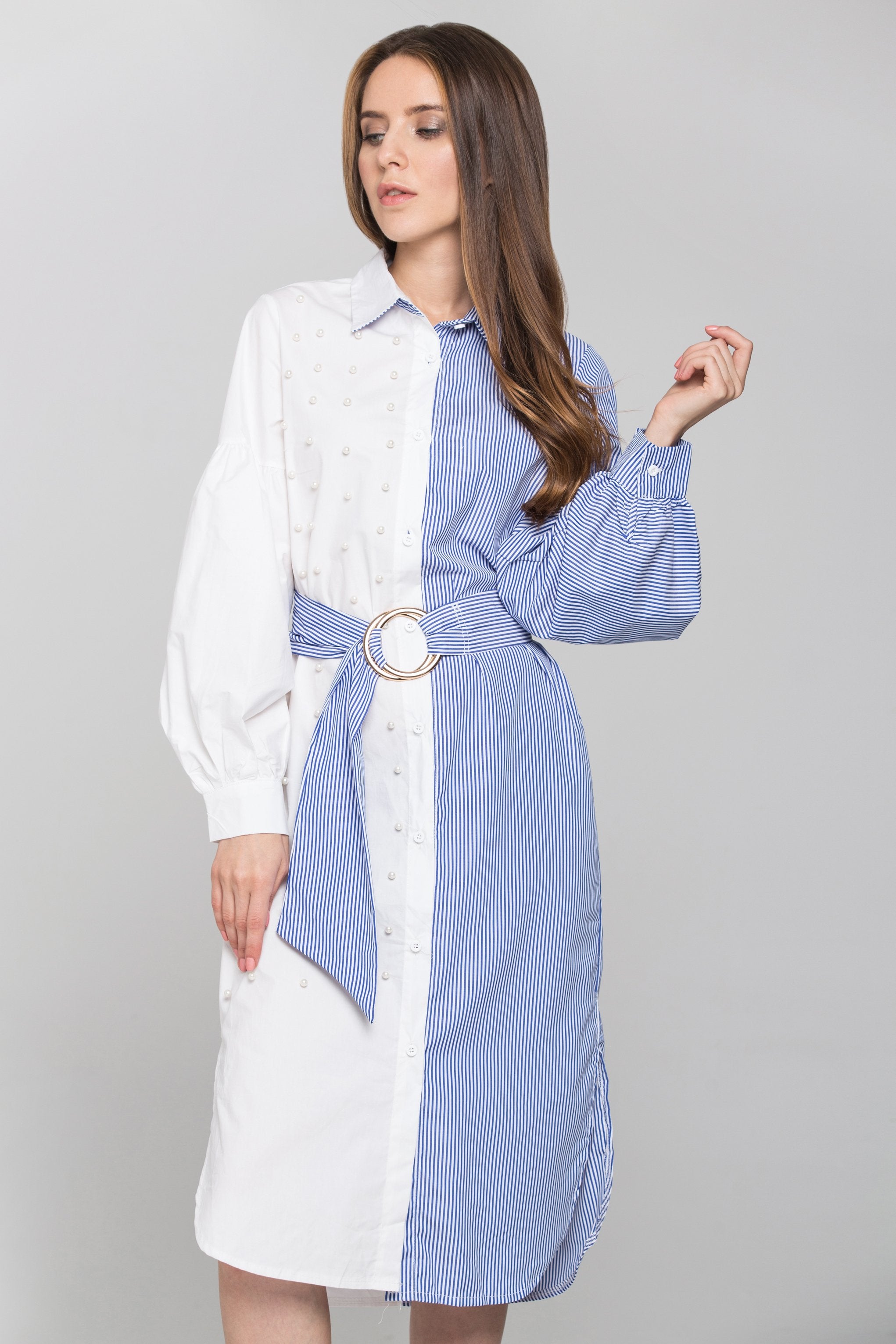 White Pearl Detail and Blue Candy Stripe Contrast Midi Dress - ownthelooks-Development