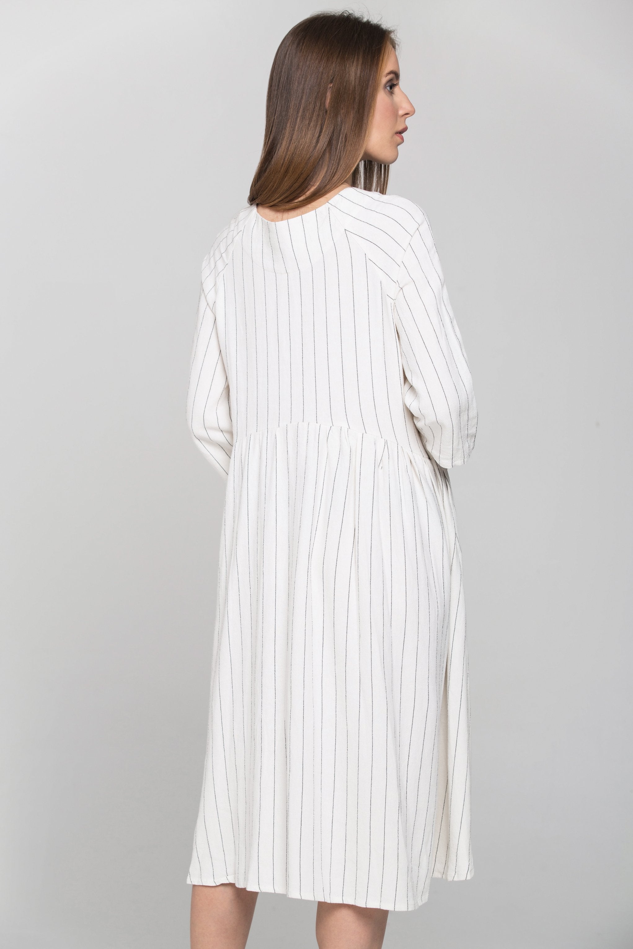 White Pin Stripe Sleveed Key Hole Midi Dress - ownthelooks-Development