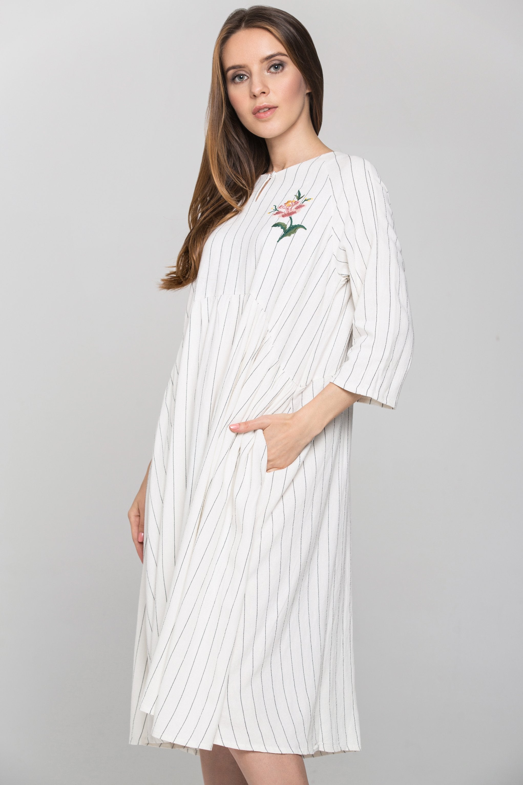 White Pin Stripe Sleveed Key Hole Midi Dress - ownthelooks-Development