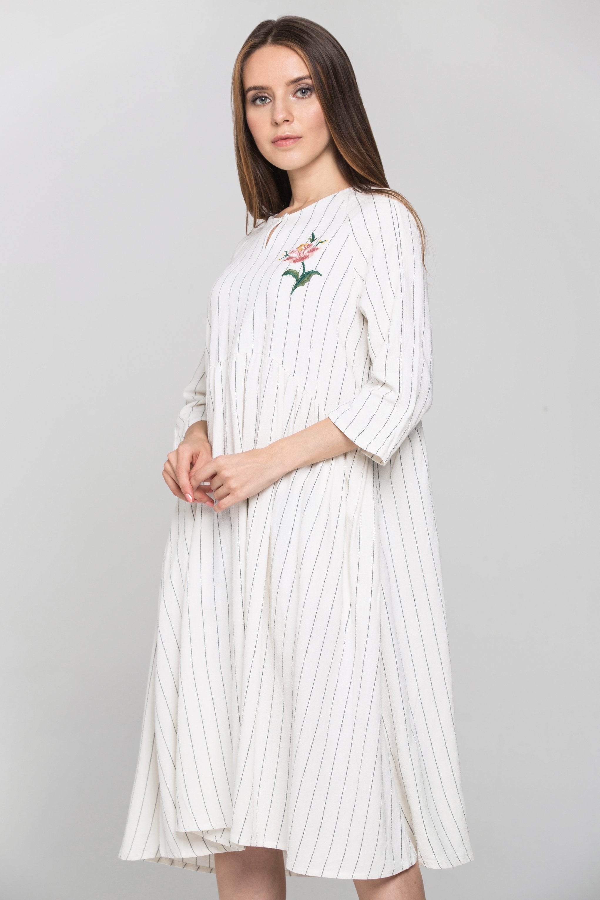 White Pin Stripe Sleveed Key Hole Midi Dress - ownthelooks-Development