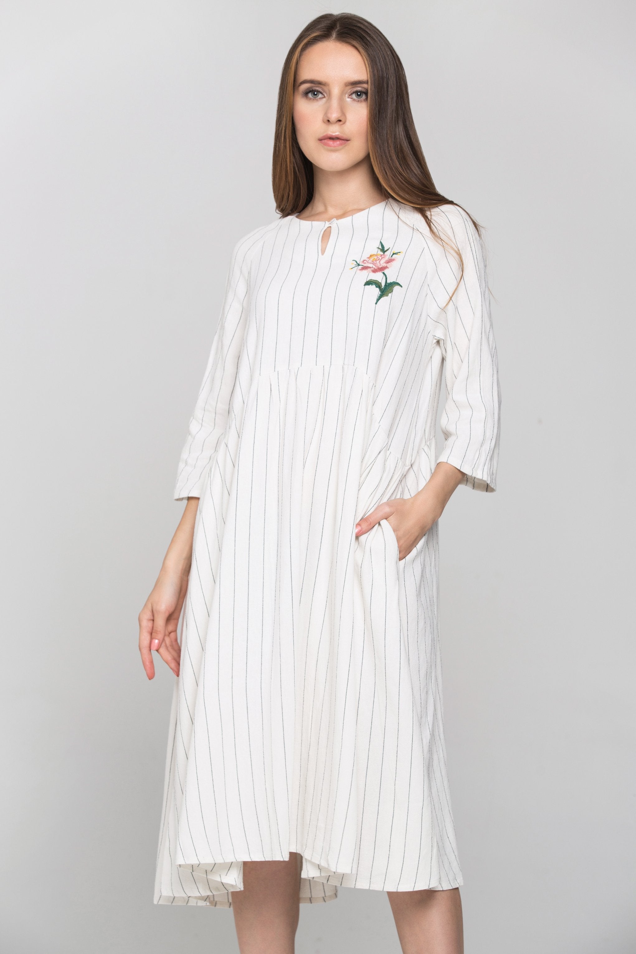 White Pin Stripe Sleveed Key Hole Midi Dress - ownthelooks-Development