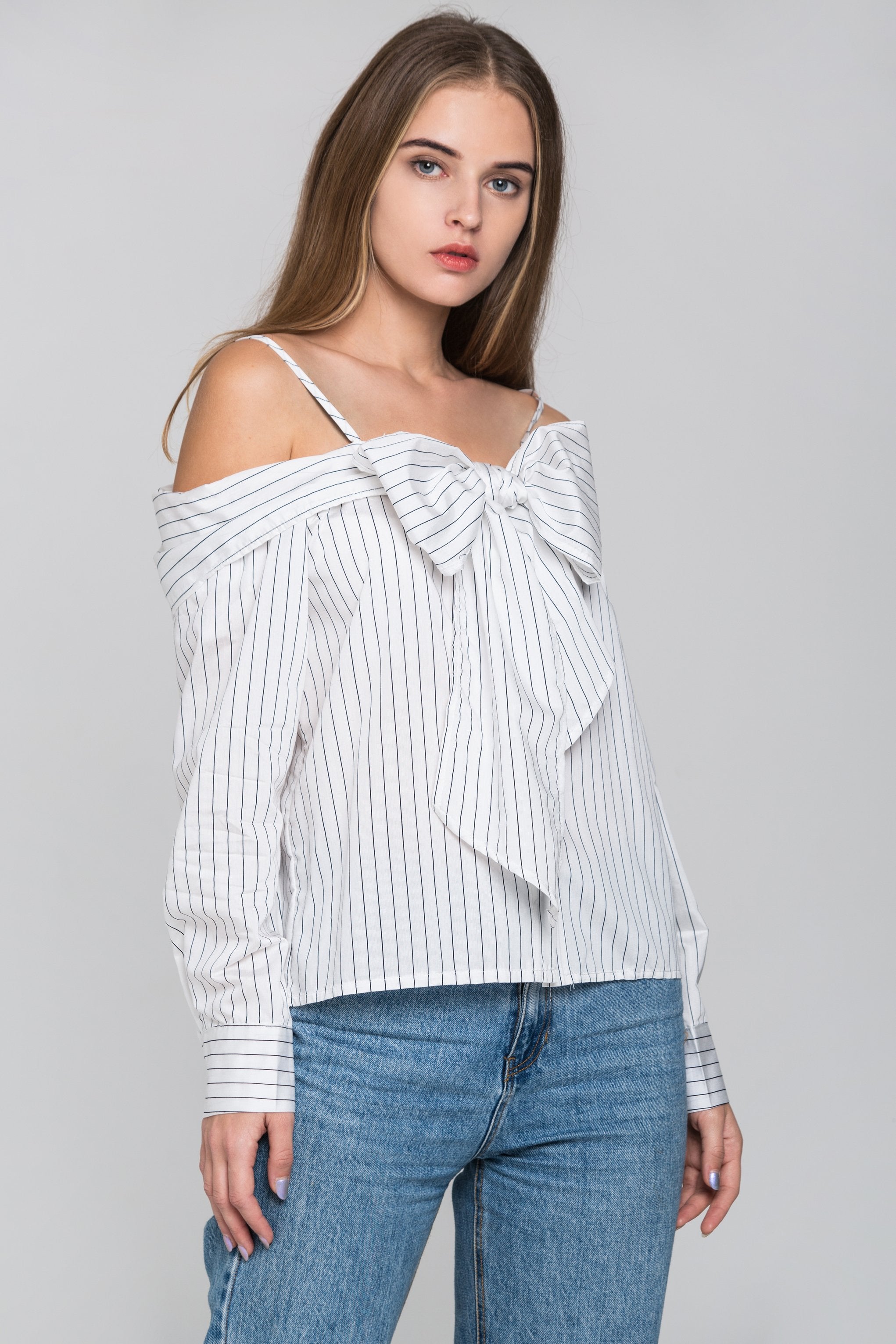 White Pin Stripes Cold Shoulder Tie Bandeau Top - ownthelooks-Development