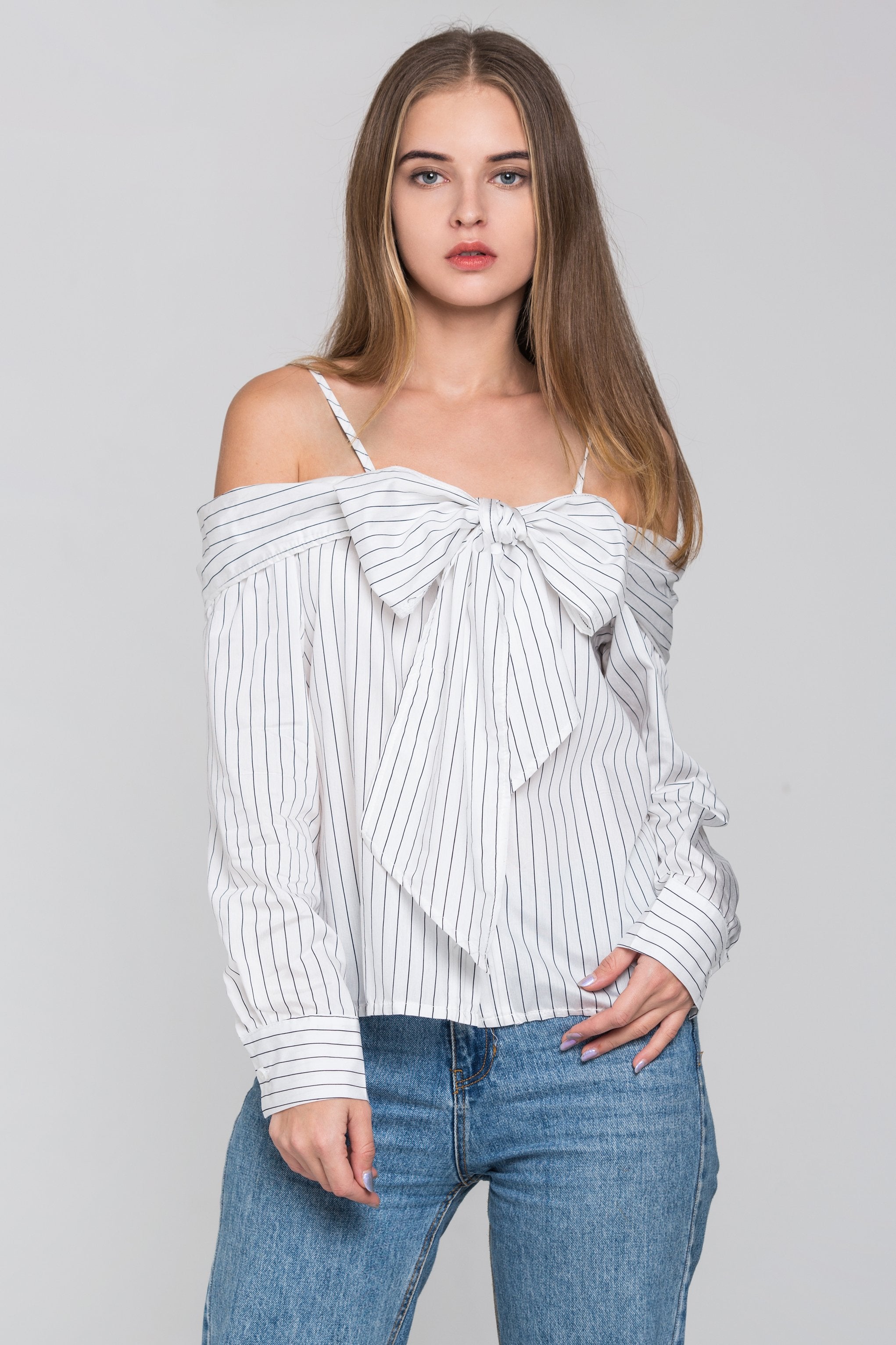 White Pin Stripes Cold Shoulder Tie Bandeau Top - ownthelooks-Development