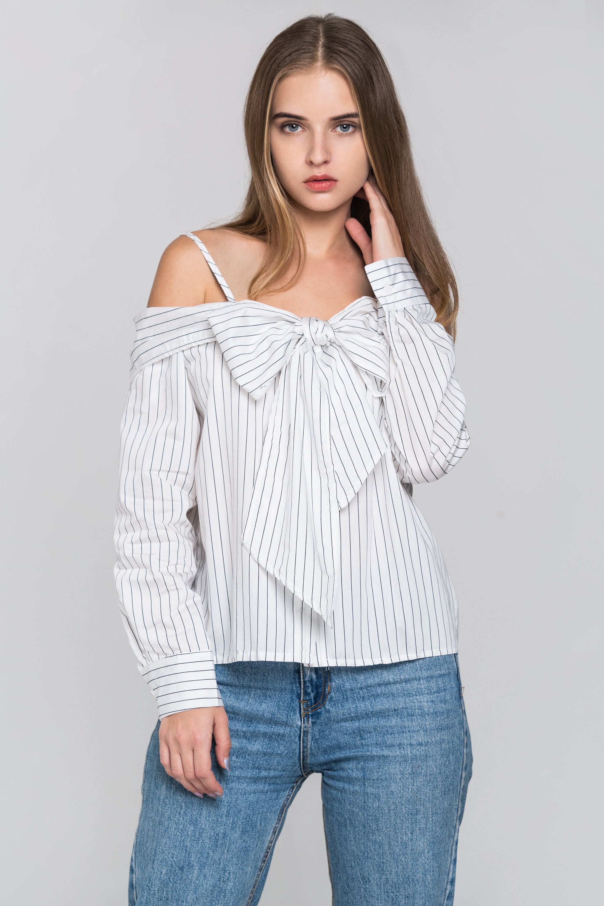 White Pin Stripes Cold Shoulder Tie Bandeau Top - ownthelooks-Development