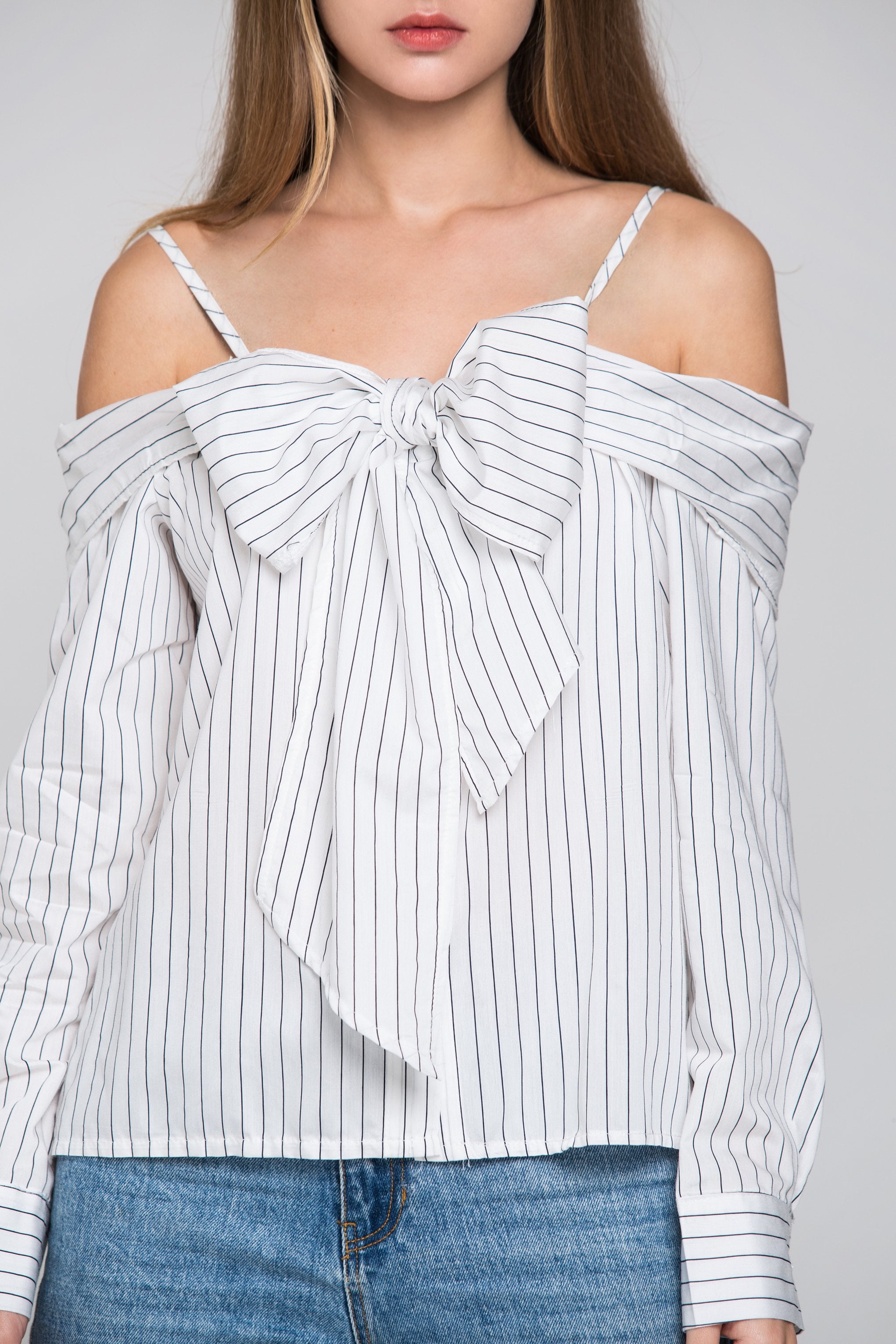 White Pin Stripes Cold Shoulder Tie Bandeau Top - ownthelooks-Development