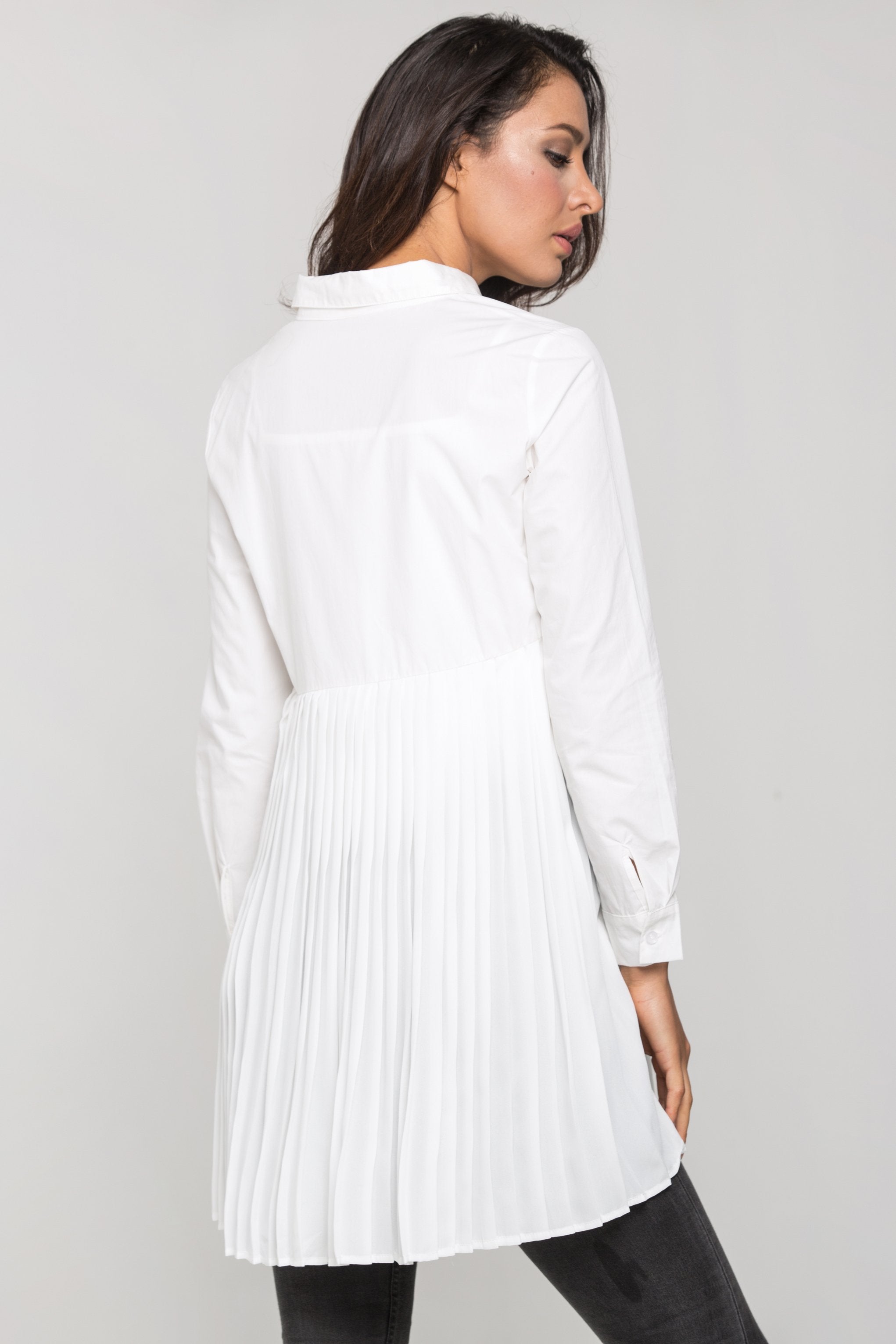 White Pleated Panel Shirt Dress - ownthelooks-Development