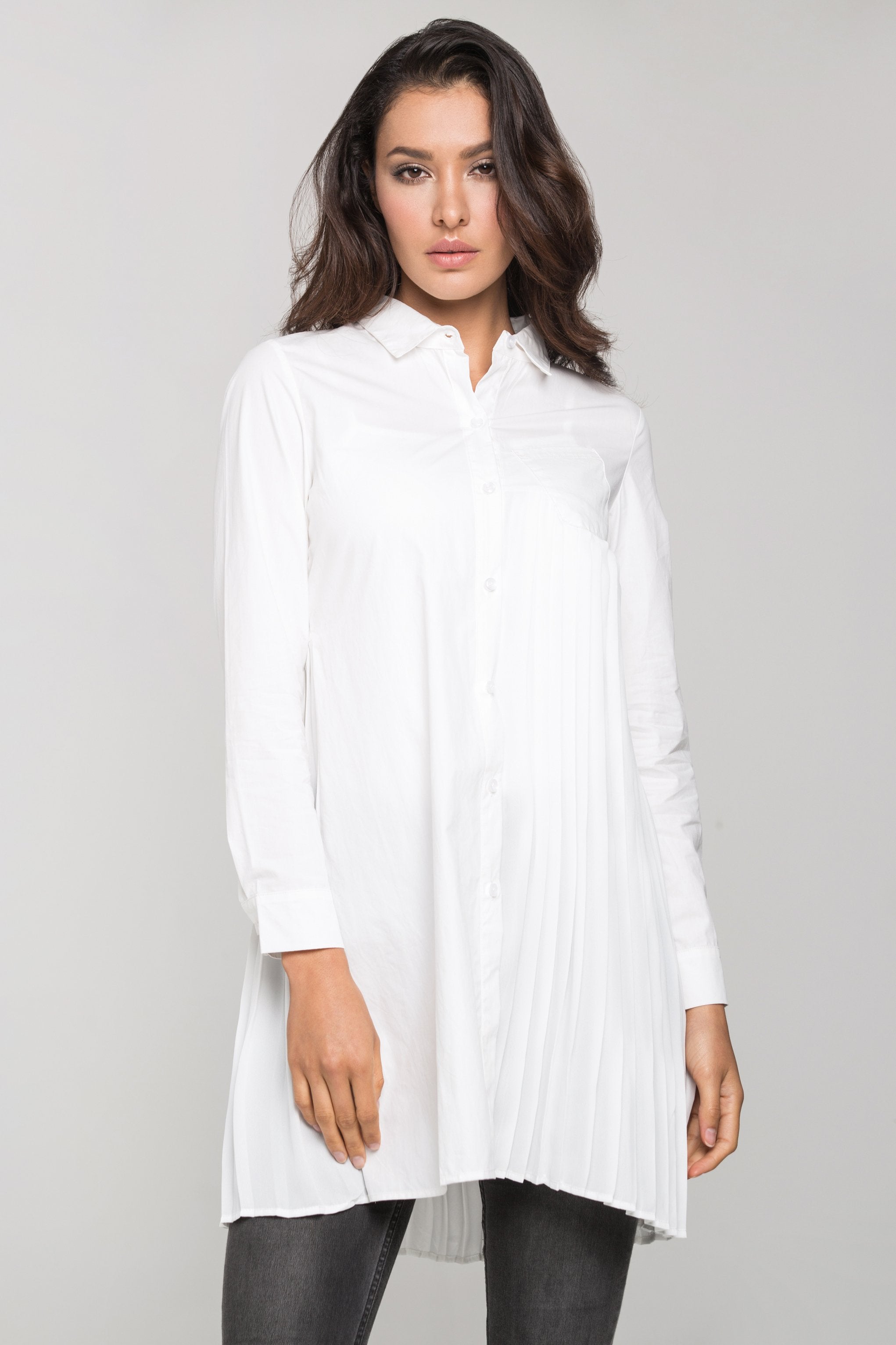 White Pleated Panel Shirt Dress - ownthelooks-Development