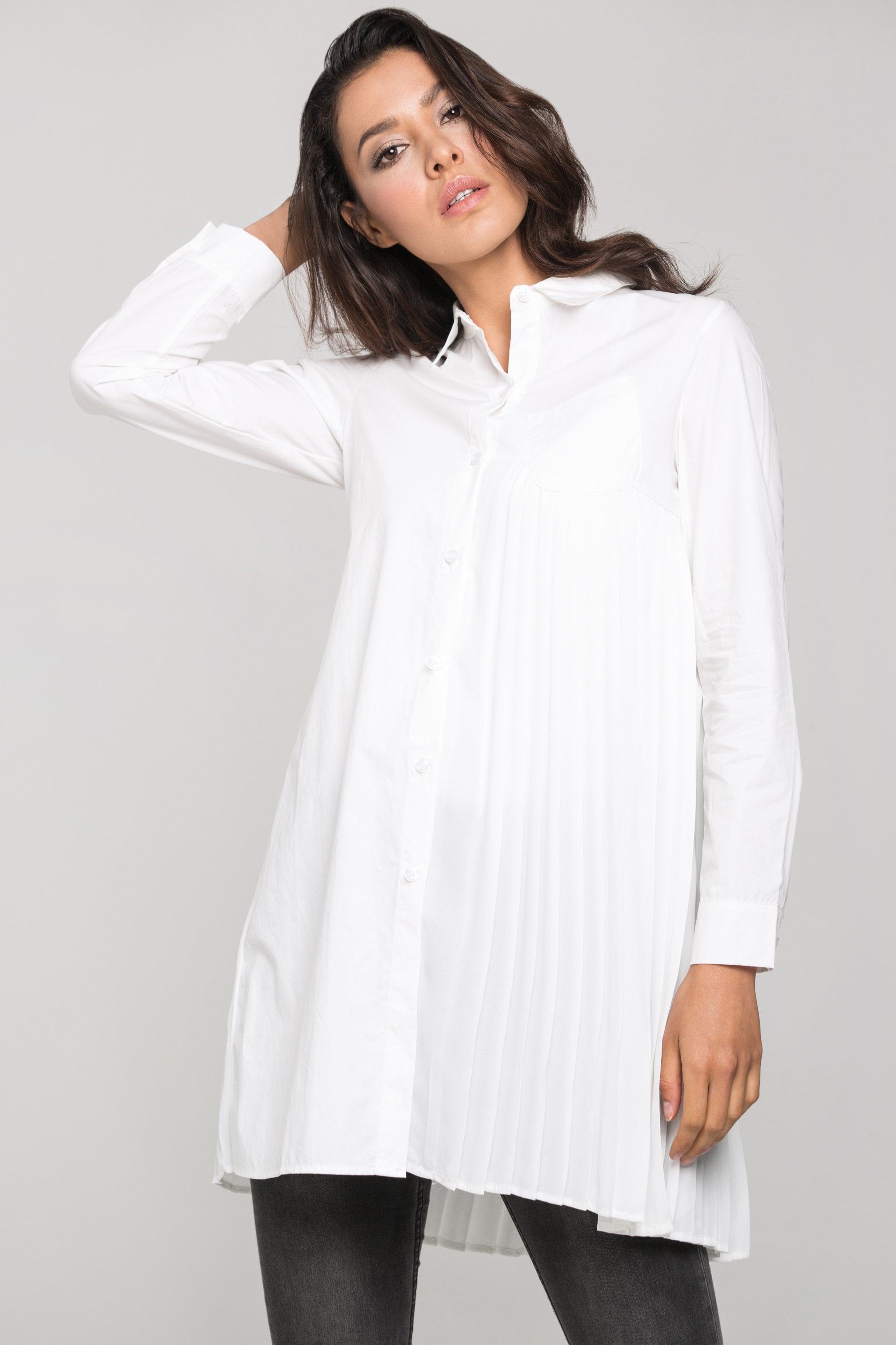 White Pleated Panel Shirt Dress - ownthelooks-Development