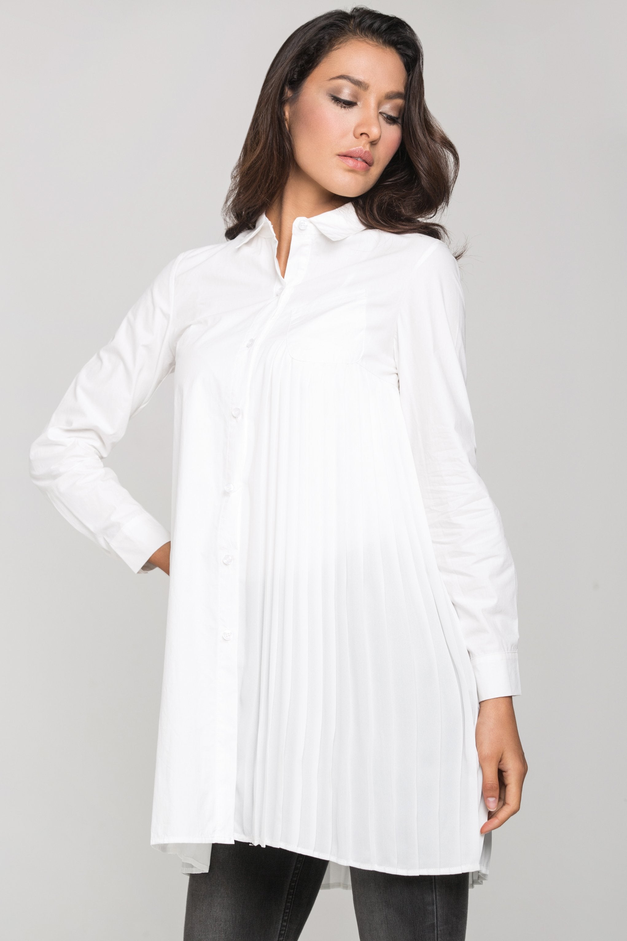White Pleated Panel Shirt Dress - ownthelooks-Development