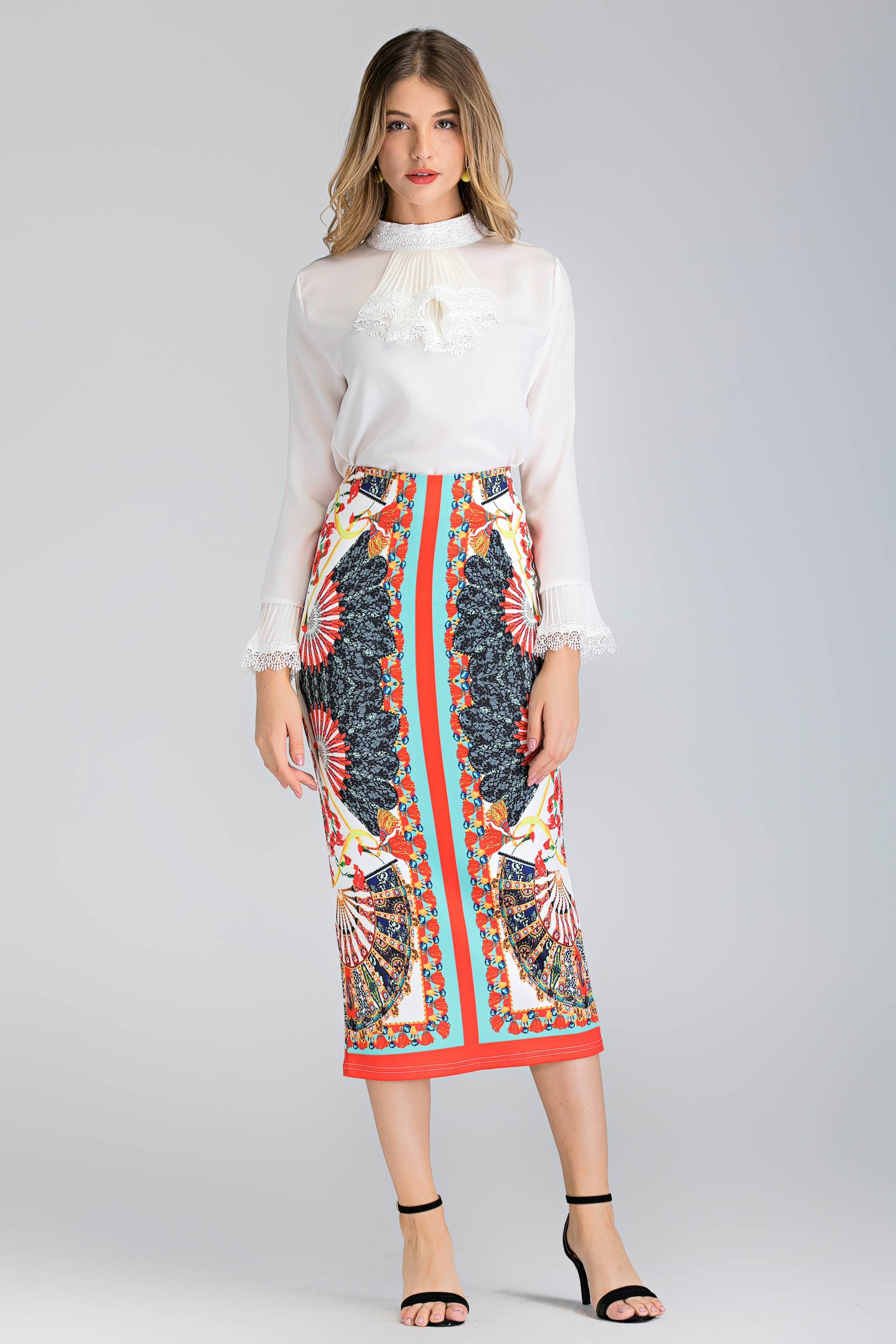White Pleated Gabot Top and Printed Pencil Skirt Set - ownthelooks-Development