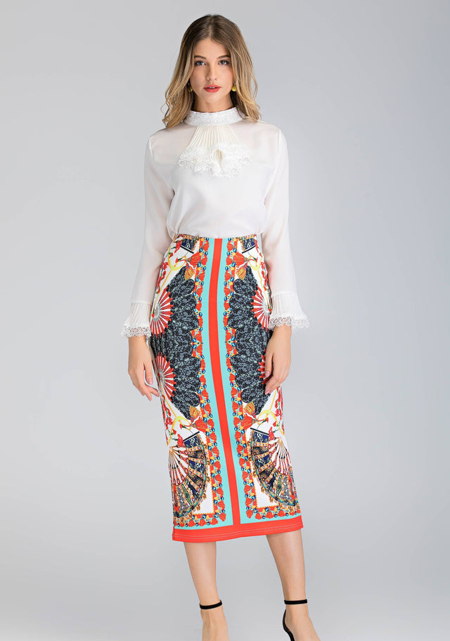 White Pleated Gabot Top and Printed Pencil Skirt Set - ownthelooks-Development