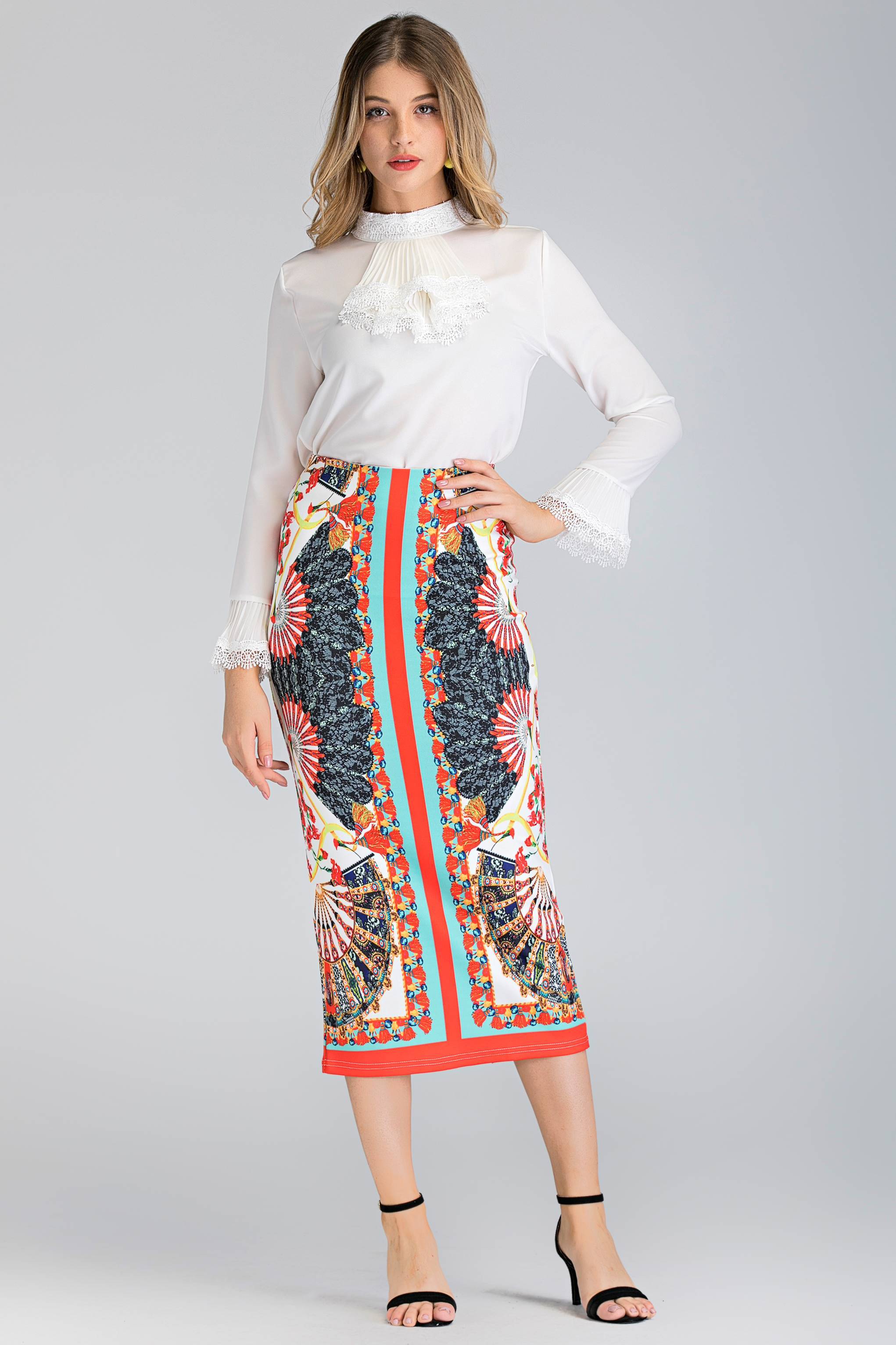 2 piece white Pleated Gabot Top and Printed Pencil Skirt Set - ownthelooks-Development