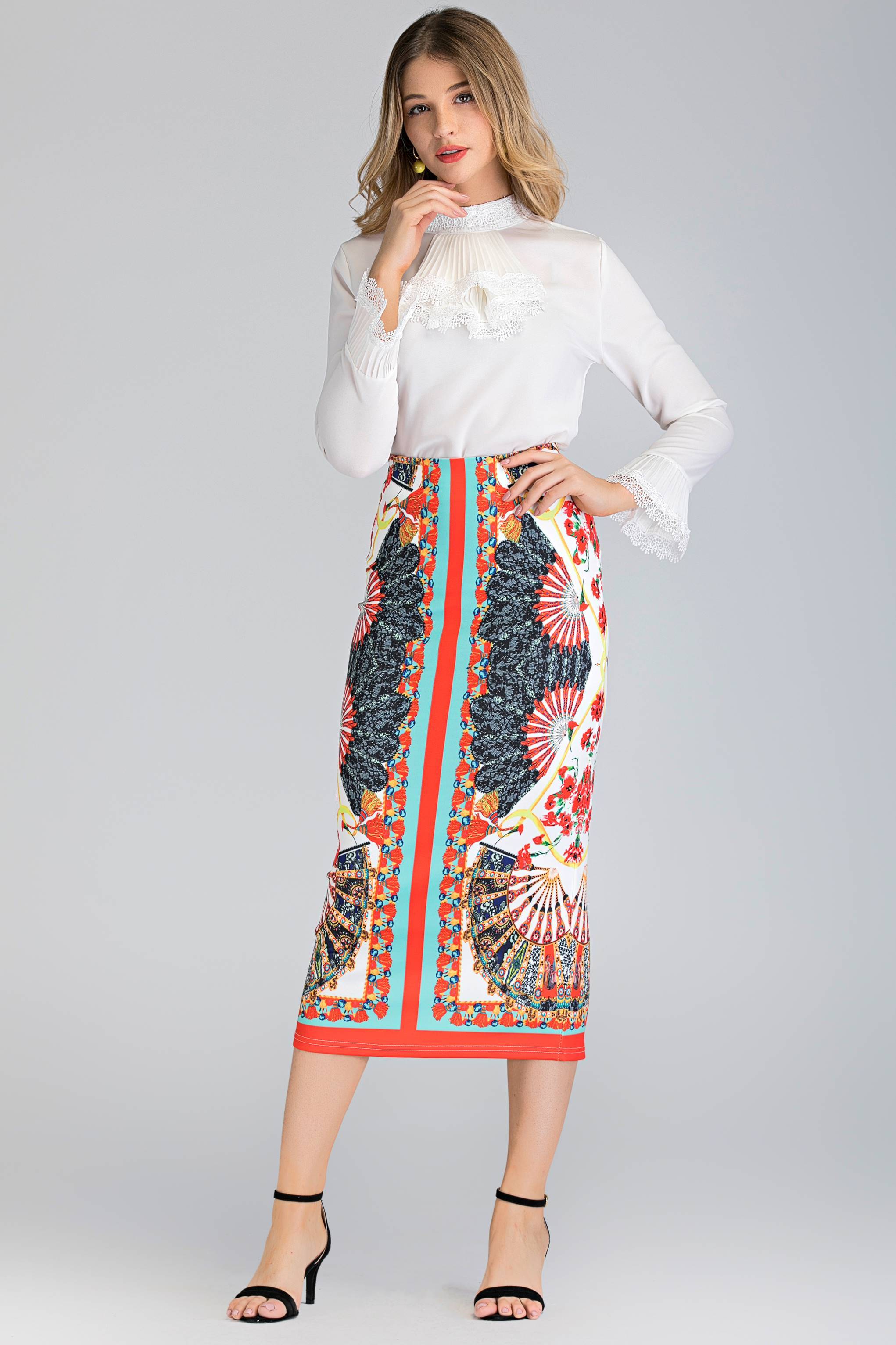 White Pleated Gabot Top and Printed Pencil Skirt Set - ownthelooks-Development