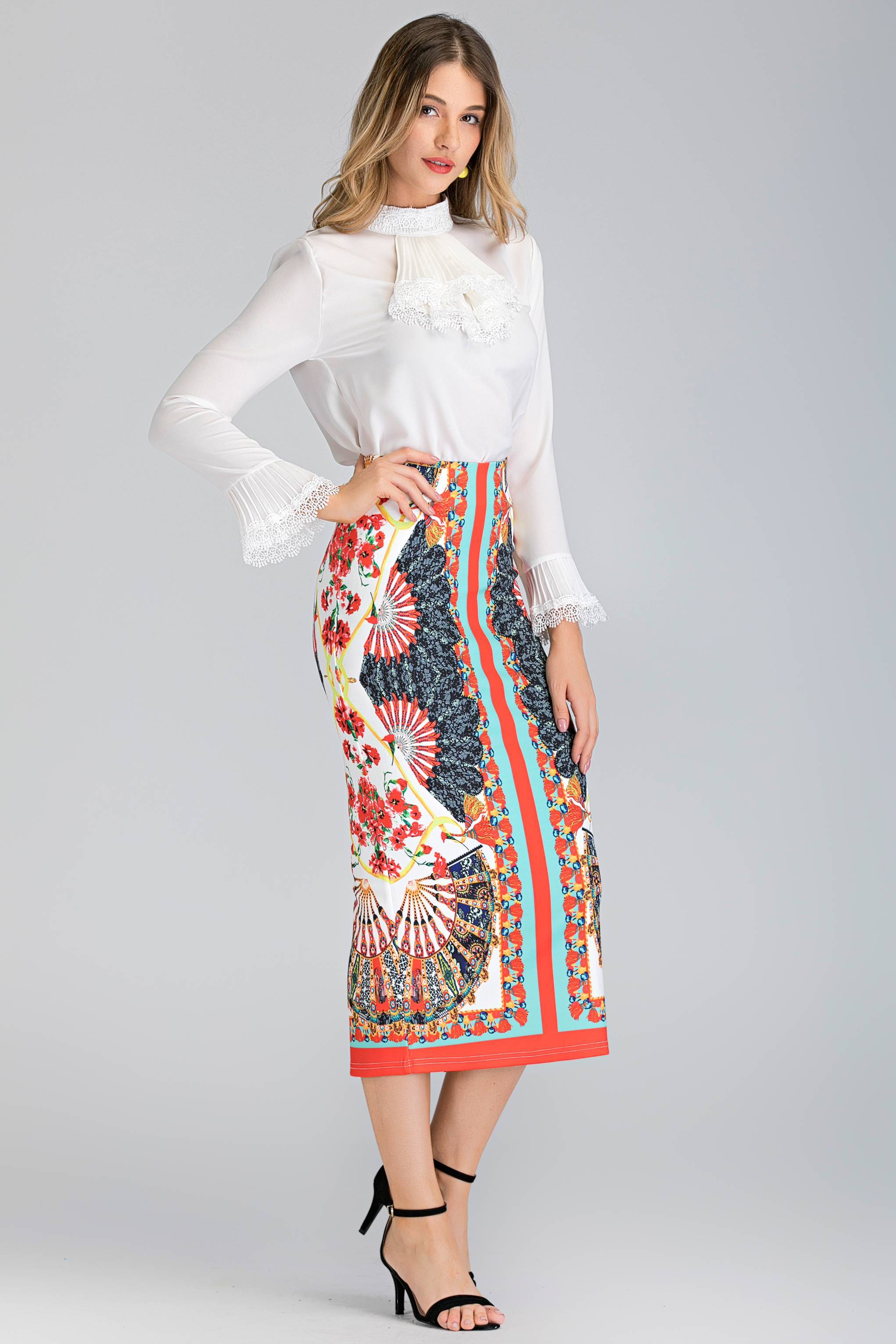 2 piece white Pleated Gabot Top and Printed Pencil Skirt Set - ownthelooks-Development