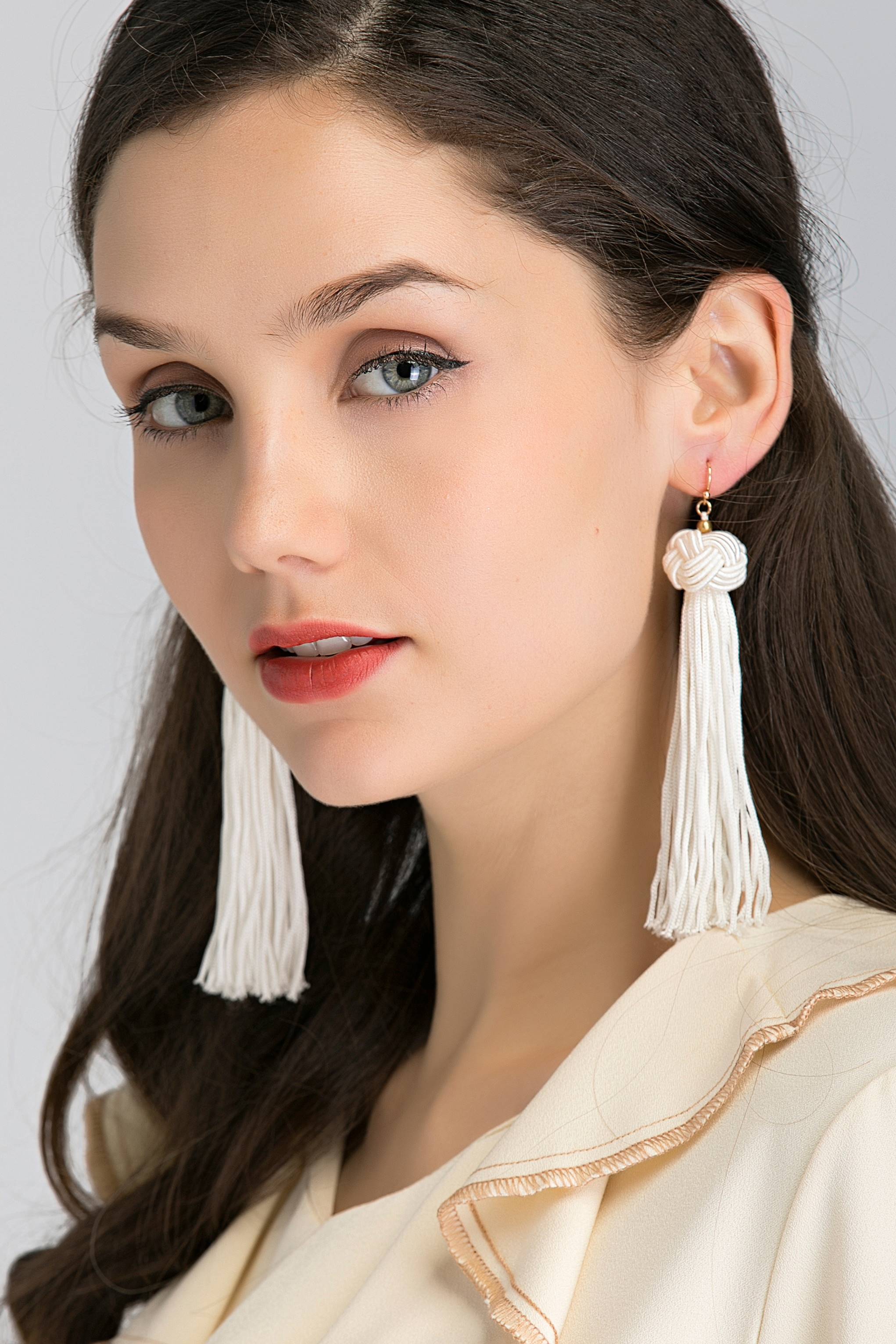 White Round Knot Tassel Earrings - ownthelooks-Development