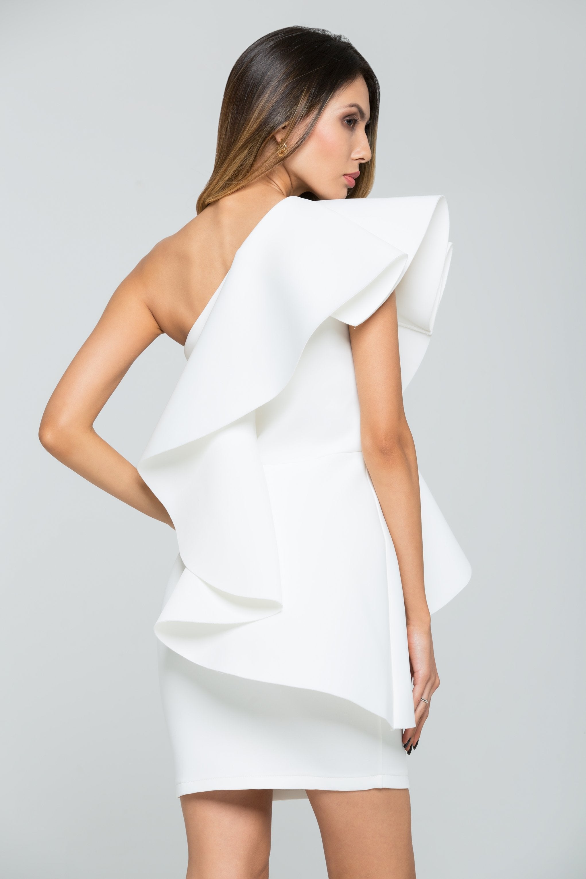 White Ruffled One-shoulder Mini Dress - ownthelooks-Development
