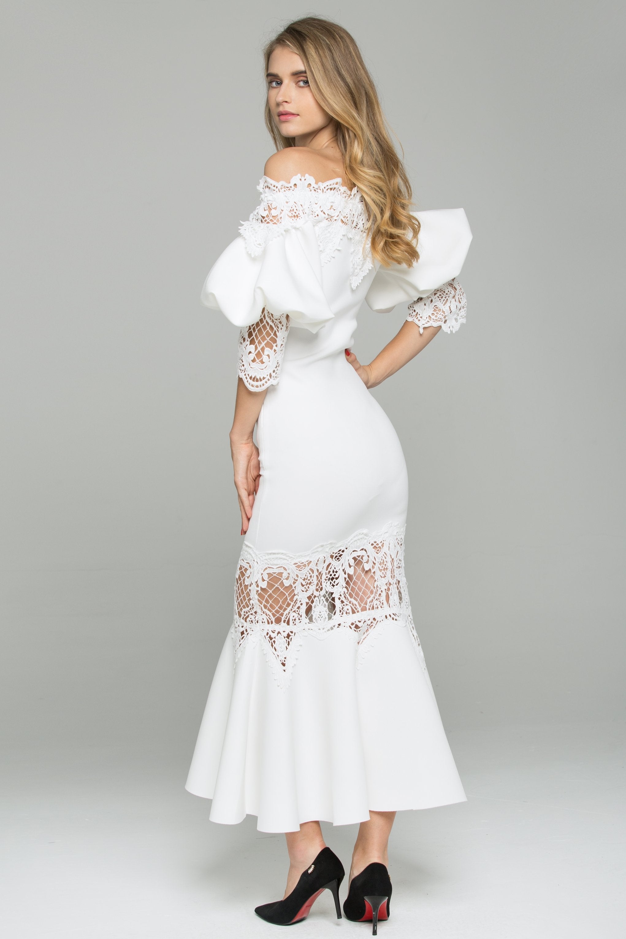 White Satin Off-The-Shoulder Puff Sleeved Lace Detail Midi Dress - ownthelooks-Development