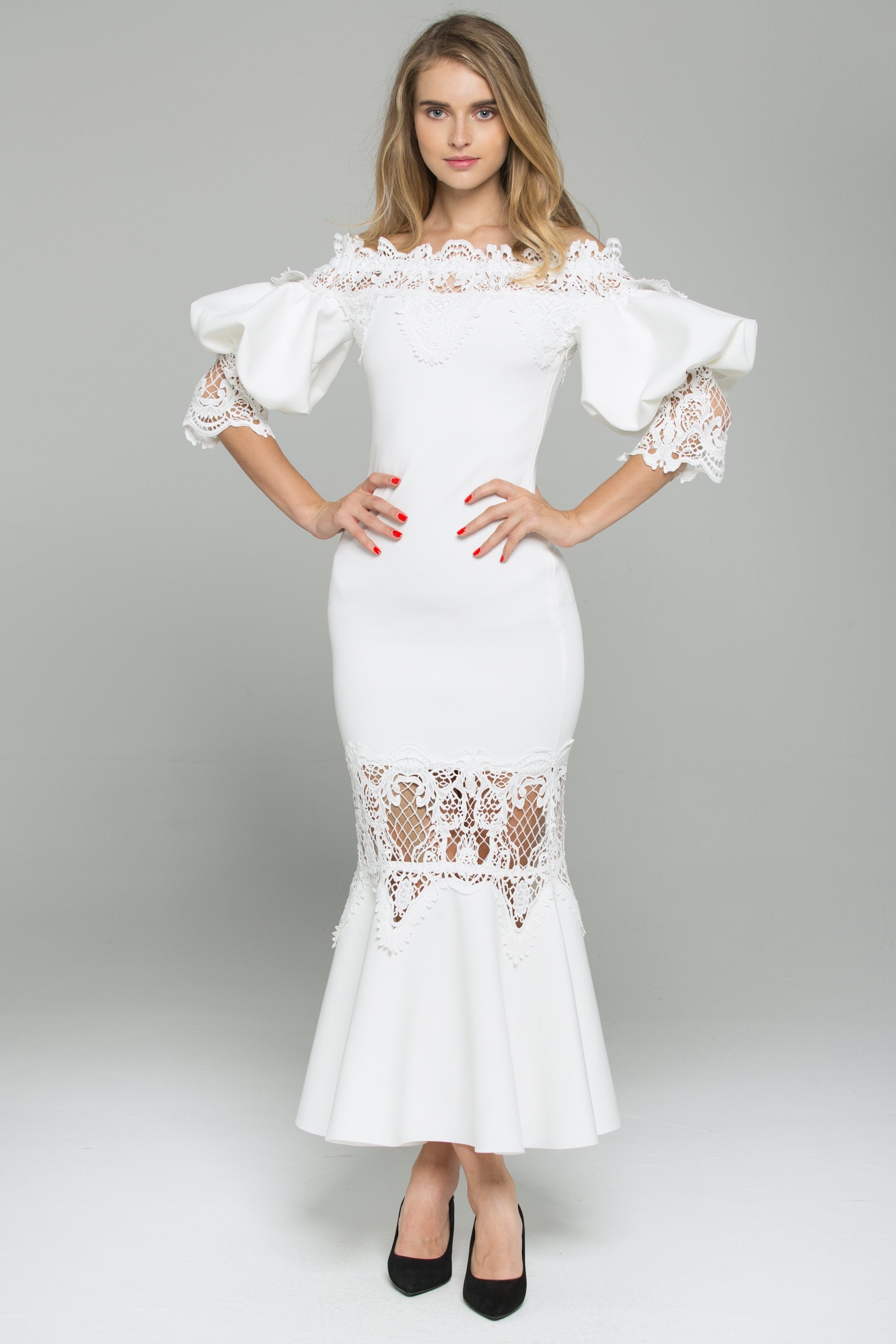 White Satin Off-The-Shoulder Puff Sleeved Lace Detail Midi Dress - ownthelooks-Development
