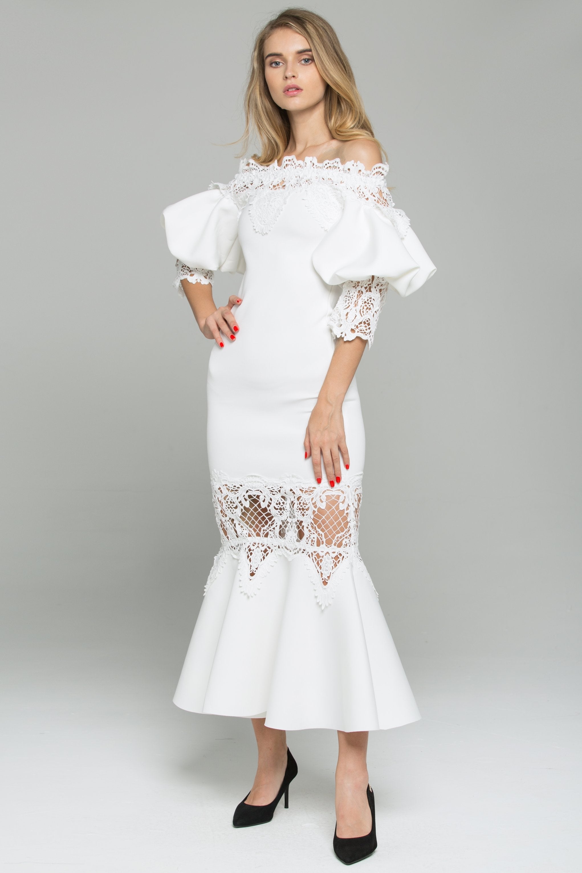 White Satin Off-The-Shoulder Puff Sleeved Lace Detail Midi Dress - ownthelooks-Development
